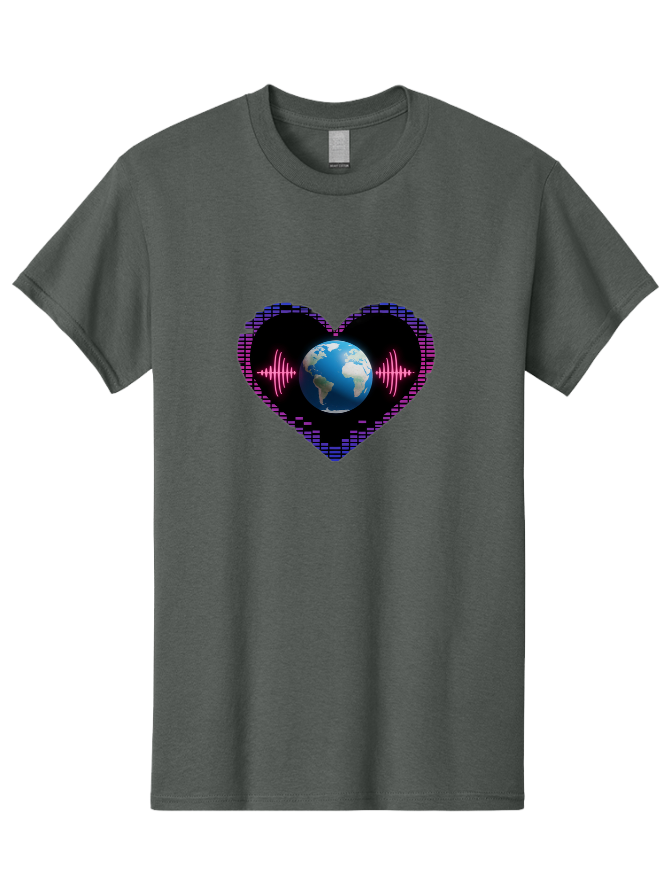 Globe-Heartbeat Men'S Graphic Tee, 100% Cotton, Comfortable Casual Summer Wear, Machine Washable, Globe In Heart Shape, Digital Graphic, Sound Wave, Earth Love, Global Unity, Tech Art, Futuristic Design, Pixel Art Baa751