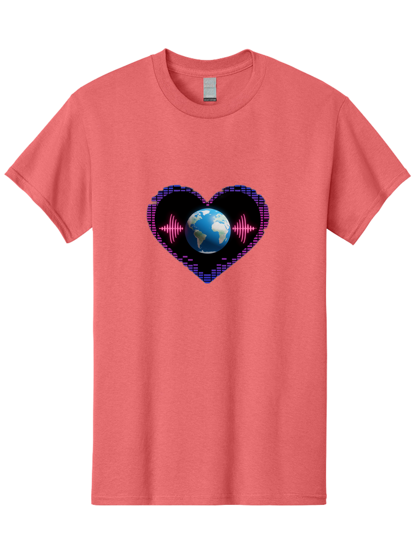 Globe-Heartbeat Men'S Graphic Tee, 100% Cotton, Comfortable Casual Summer Wear, Machine Washable, Globe In Heart Shape, Digital Graphic, Sound Wave, Earth Love, Global Unity, Tech Art, Futuristic Design, Pixel Art Baa751
