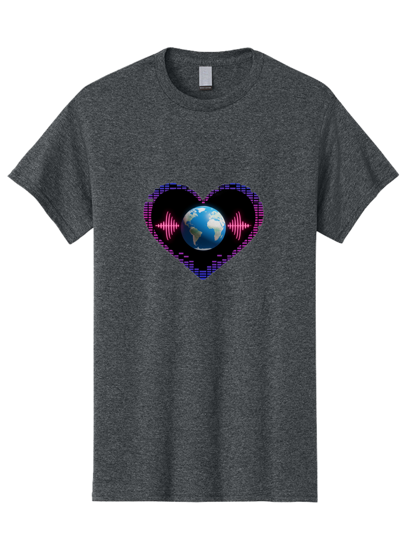 Globe-Heartbeat Men'S Graphic Tee, 100% Cotton, Comfortable Casual Summer Wear, Machine Washable, Globe In Heart Shape, Digital Graphic, Sound Wave, Earth Love, Global Unity, Tech Art, Futuristic Design, Pixel Art Baa751