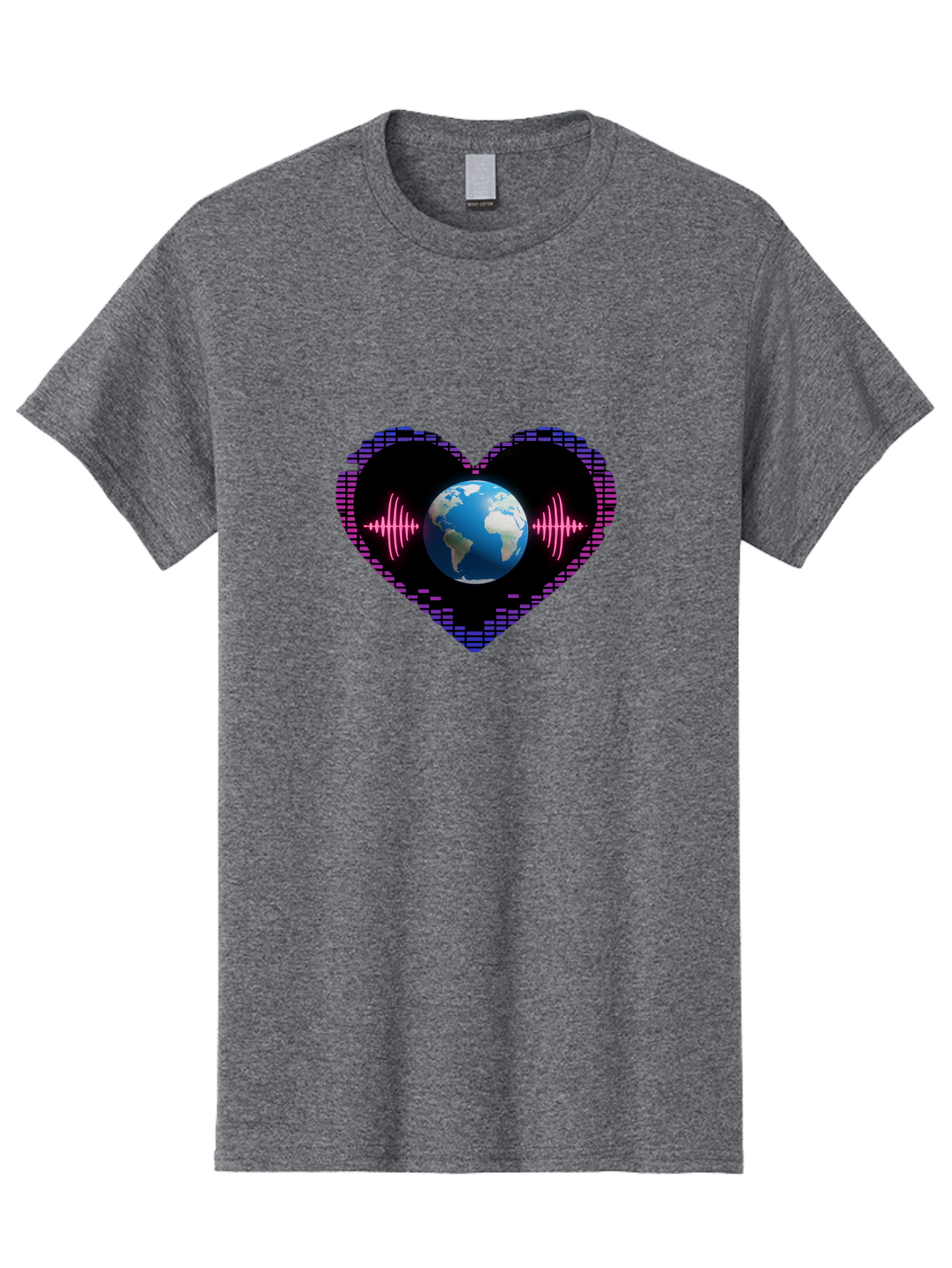 Globe-Heartbeat Men'S Graphic Tee, 100% Cotton, Comfortable Casual Summer Wear, Machine Washable, Globe In Heart Shape, Digital Graphic, Sound Wave, Earth Love, Global Unity, Tech Art, Futuristic Design, Pixel Art Baa751