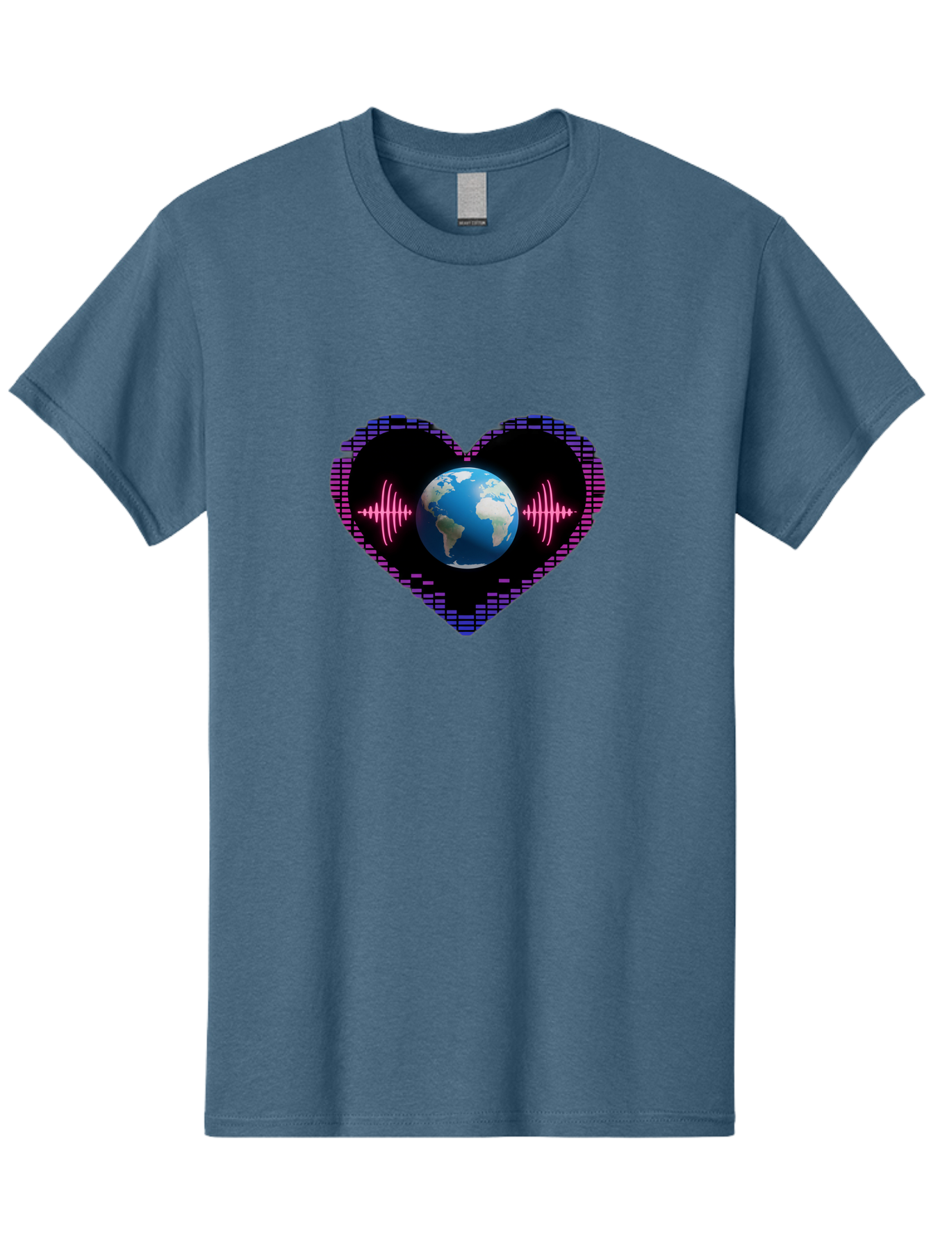 Globe-Heartbeat Men'S Graphic Tee, 100% Cotton, Comfortable Casual Summer Wear, Machine Washable, Globe In Heart Shape, Digital Graphic, Sound Wave, Earth Love, Global Unity, Tech Art, Futuristic Design, Pixel Art Baa751