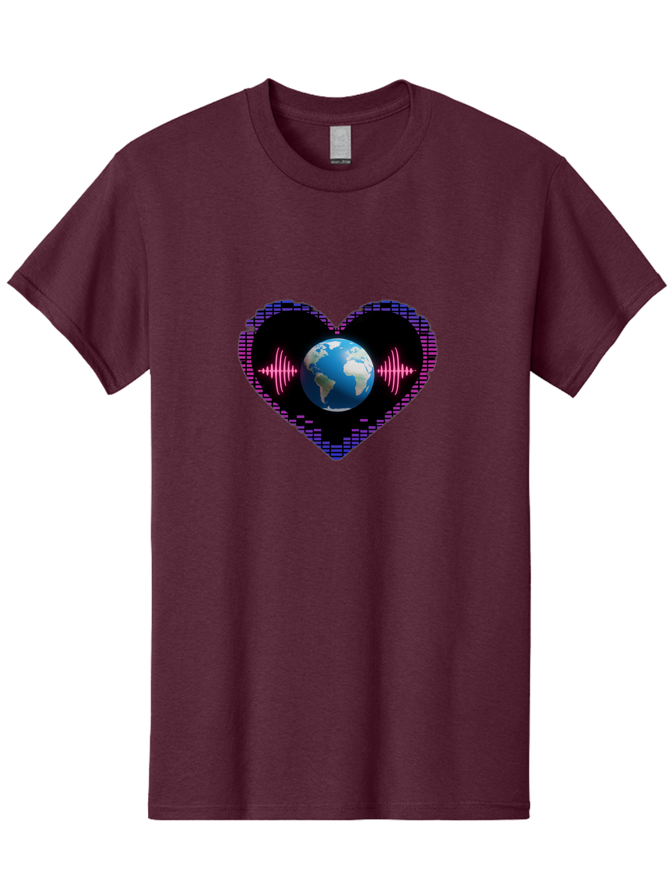 Globe-Heartbeat Men'S Graphic Tee, 100% Cotton, Comfortable Casual Summer Wear, Machine Washable, Globe In Heart Shape, Digital Graphic, Sound Wave, Earth Love, Global Unity, Tech Art, Futuristic Design, Pixel Art Baa751