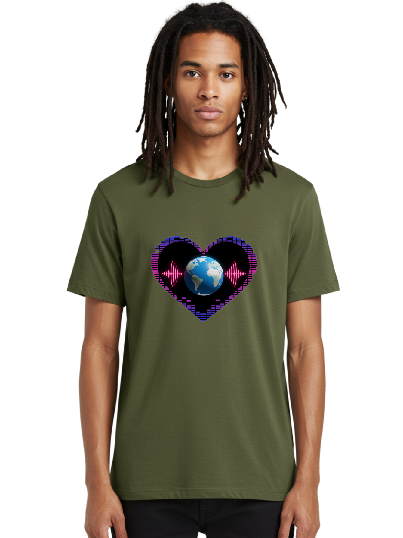 Globe-Heartbeat Men'S Graphic Tee, 100% Cotton, Comfortable Casual Summer Wear, Machine Washable, Globe In Heart Shape, Digital Graphic, Sound Wave, Earth Love, Global Unity, Tech Art, Futuristic Design, Pixel Art Baa751