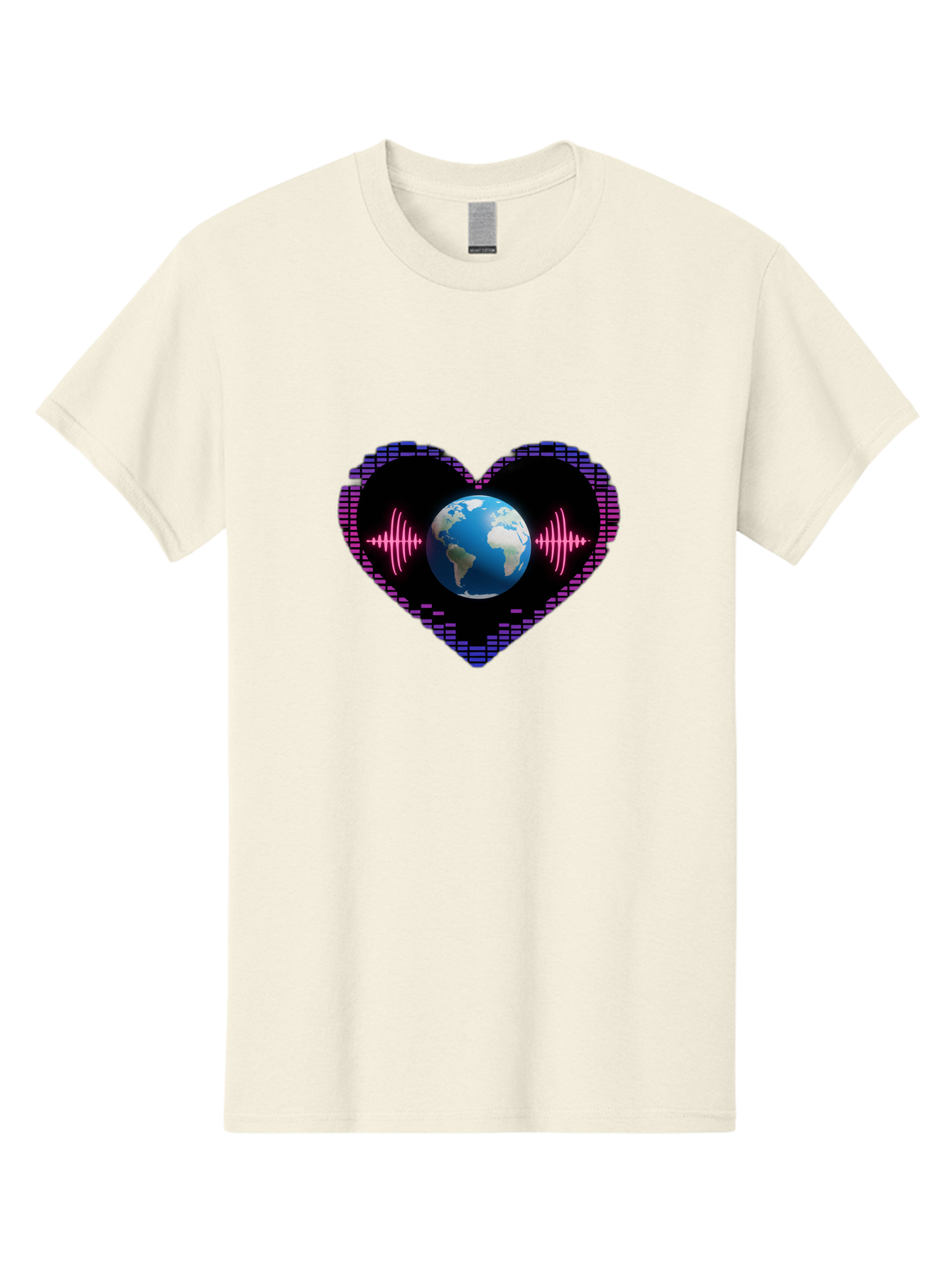 Globe-Heartbeat Men'S Graphic Tee, 100% Cotton, Comfortable Casual Summer Wear, Machine Washable, Globe In Heart Shape, Digital Graphic, Sound Wave, Earth Love, Global Unity, Tech Art, Futuristic Design, Pixel Art Baa751
