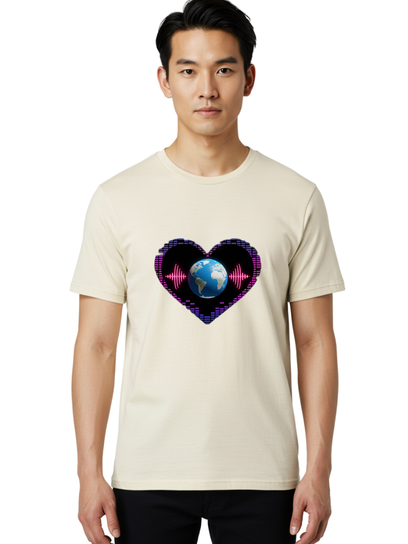 Globe-Heartbeat Men'S Graphic Tee, 100% Cotton, Comfortable Casual Summer Wear, Machine Washable, Globe In Heart Shape, Digital Graphic, Sound Wave, Earth Love, Global Unity, Tech Art, Futuristic Design, Pixel Art Baa751