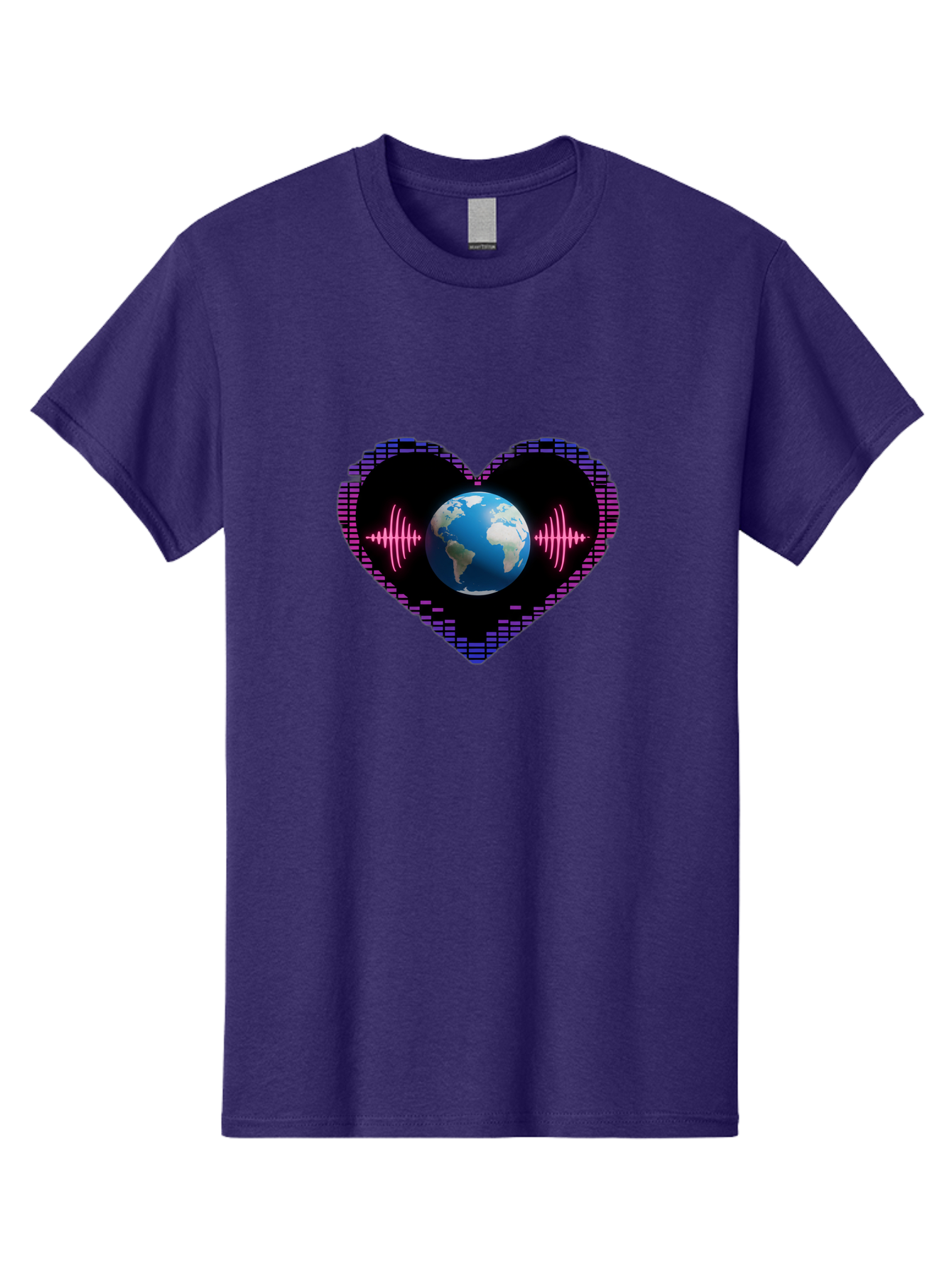 Globe-Heartbeat Men'S Graphic Tee, 100% Cotton, Comfortable Casual Summer Wear, Machine Washable, Globe In Heart Shape, Digital Graphic, Sound Wave, Earth Love, Global Unity, Tech Art, Futuristic Design, Pixel Art Baa751