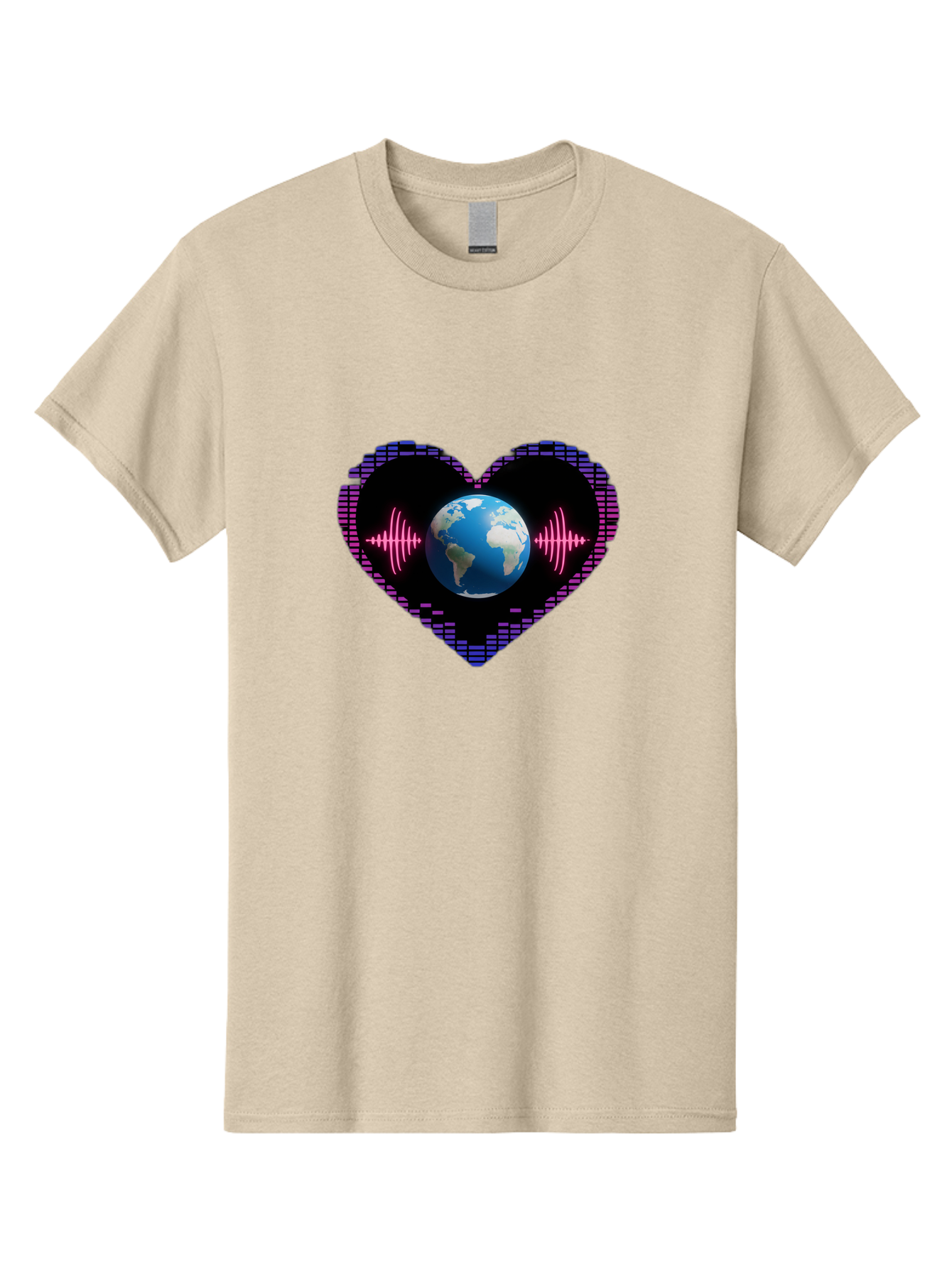 Globe-Heartbeat Men'S Graphic Tee, 100% Cotton, Comfortable Casual Summer Wear, Machine Washable, Globe In Heart Shape, Digital Graphic, Sound Wave, Earth Love, Global Unity, Tech Art, Futuristic Design, Pixel Art Baa751