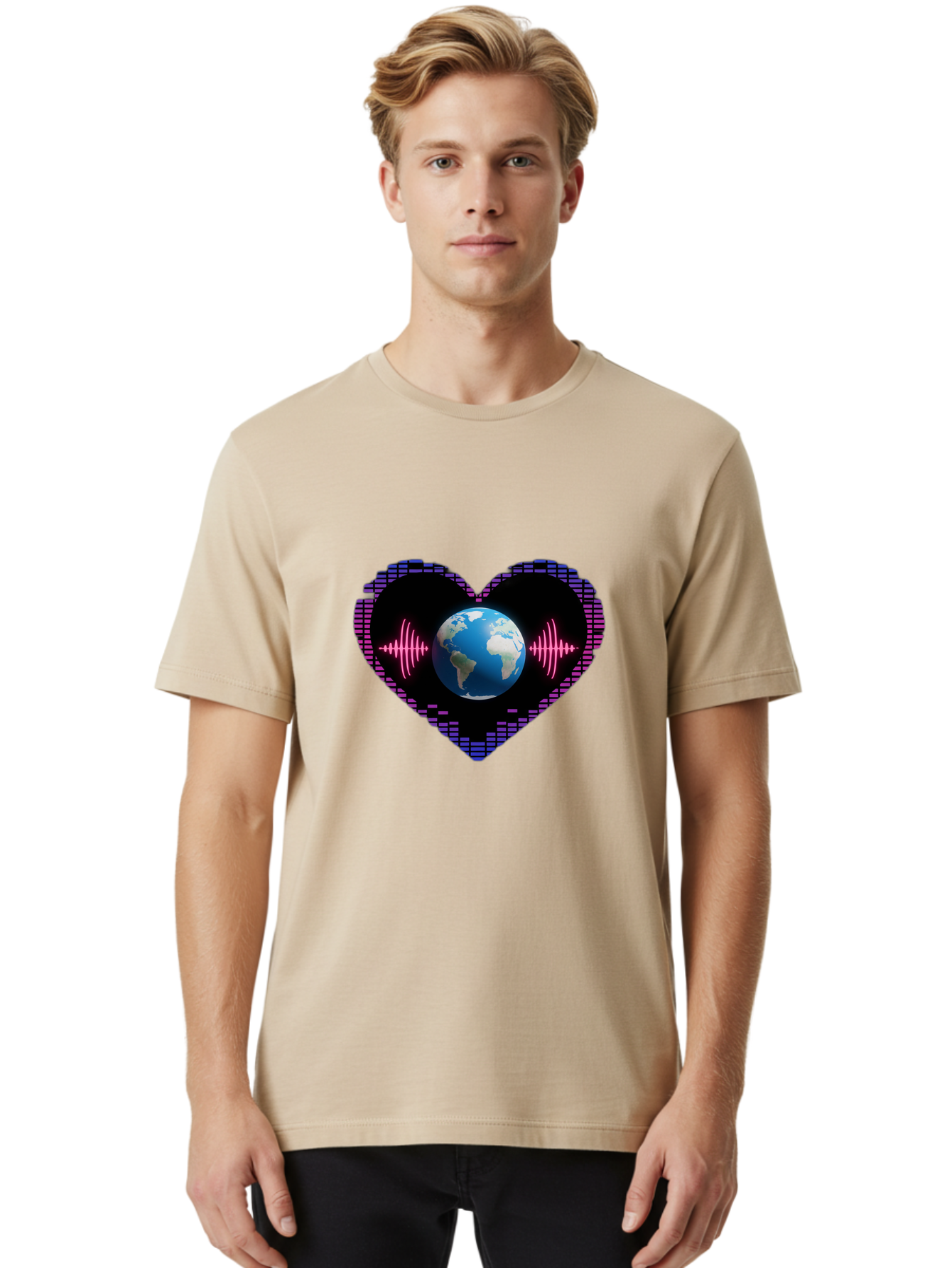 Globe-Heartbeat Men'S Graphic Tee, 100% Cotton, Comfortable Casual Summer Wear, Machine Washable, Globe In Heart Shape, Digital Graphic, Sound Wave, Earth Love, Global Unity, Tech Art, Futuristic Design, Pixel Art Baa751