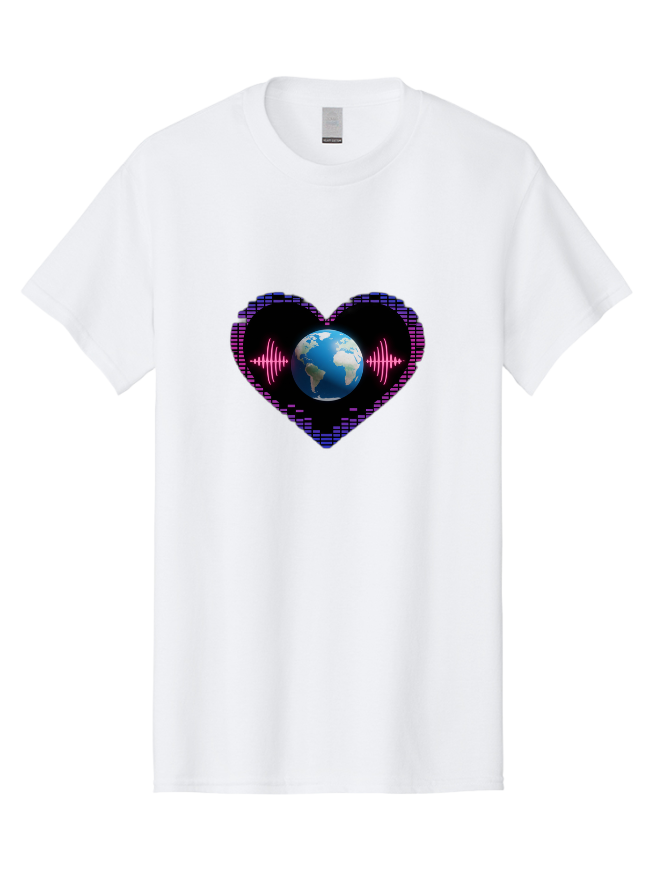 Globe-Heartbeat Men'S Graphic Tee, 100% Cotton, Comfortable Casual Summer Wear, Machine Washable, Globe In Heart Shape, Digital Graphic, Sound Wave, Earth Love, Global Unity, Tech Art, Futuristic Design, Pixel Art Baa751