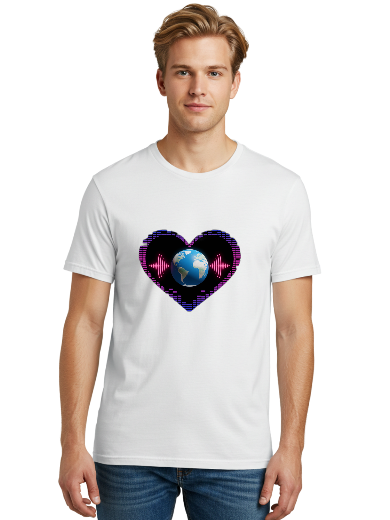 Globe-Heartbeat Men'S Graphic Tee, 100% Cotton, Comfortable Casual Summer Wear, Machine Washable, Globe In Heart Shape, Digital Graphic, Sound Wave, Earth Love, Global Unity, Tech Art, Futuristic Design, Pixel Art Baa751