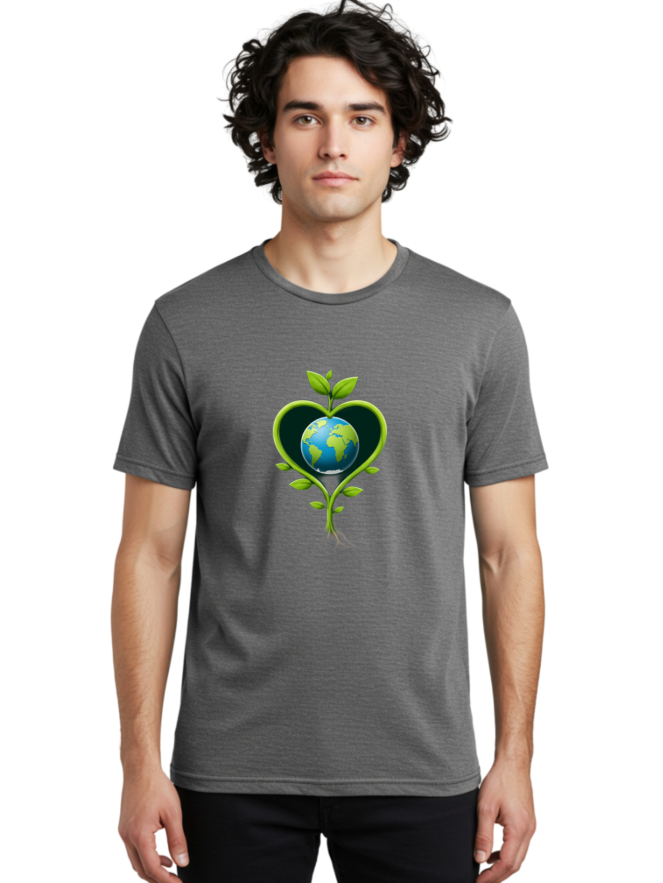 Globe-In-Heart-1 Men'S Graphic Tee, 100% Cotton, Comfortable Casual Summer Wear, Machine Washable, Globe In Heart Shape, Love For The Planet, Eco-Friendly, Green Leaves, Environmental Conservation, Sustainable Living, Earth Care, Heartwarming, Baa752