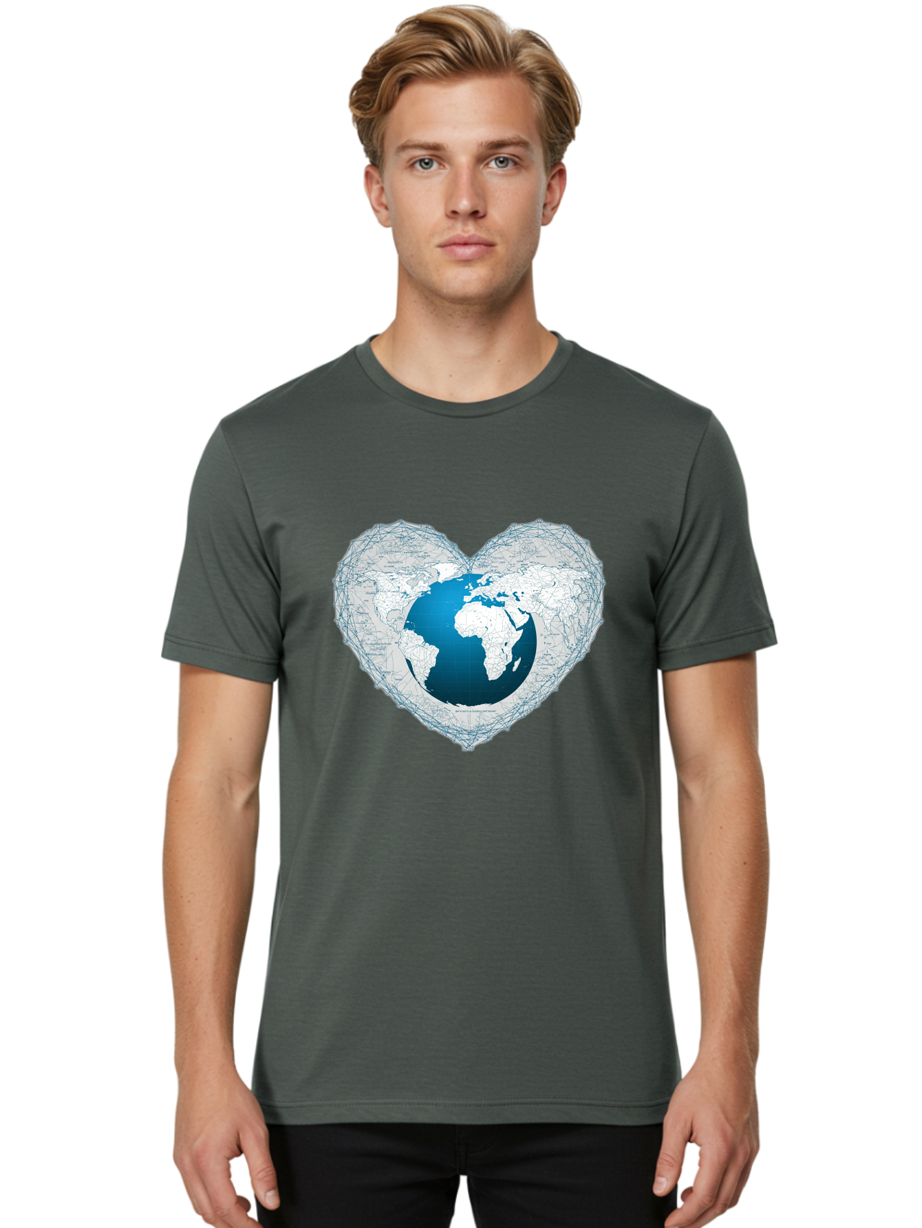 Globe-In-Heart-2 Men'S Graphic Tee, 100% Cotton, Comfortable Casual Summer Wear, Machine Washable, Globe In Heart Shape, World Map, Love For The Earth, Global Unity, Blue Gradient, Wireframe Design, Earth Illustration, Heart-Shaped Globe Baa753