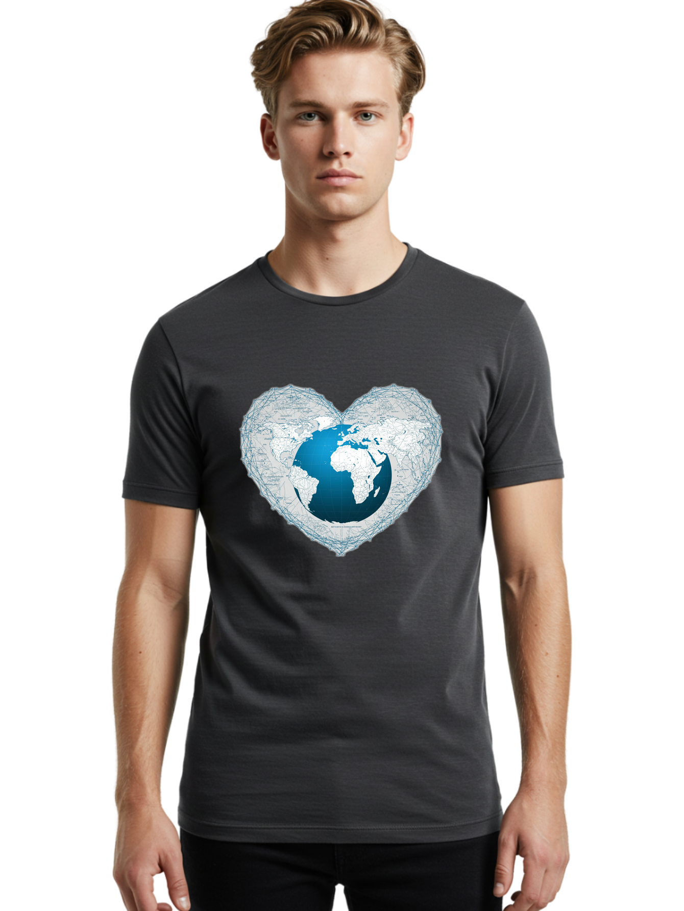 Globe-In-Heart-2 Men'S Graphic Tee, 100% Cotton, Comfortable Casual Summer Wear, Machine Washable, Globe In Heart Shape, World Map, Love For The Earth, Global Unity, Blue Gradient, Wireframe Design, Earth Illustration, Heart-Shaped Globe Baa753