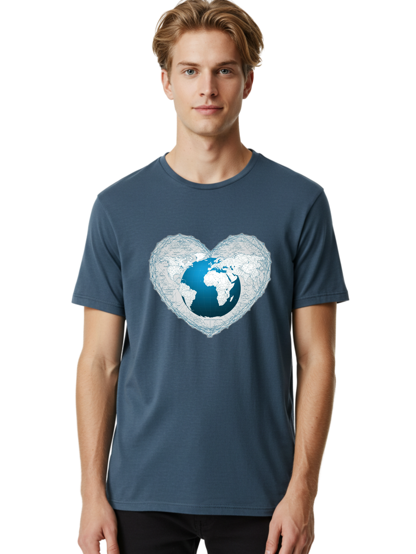 Globe-In-Heart-2 Men'S Graphic Tee, 100% Cotton, Comfortable Casual Summer Wear, Machine Washable, Globe In Heart Shape, World Map, Love For The Earth, Global Unity, Blue Gradient, Wireframe Design, Earth Illustration, Heart-Shaped Globe Baa753