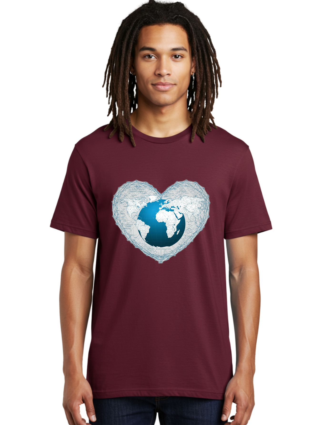 Globe-In-Heart-2 Men'S Graphic Tee, 100% Cotton, Comfortable Casual Summer Wear, Machine Washable, Globe In Heart Shape, World Map, Love For The Earth, Global Unity, Blue Gradient, Wireframe Design, Earth Illustration, Heart-Shaped Globe Baa753
