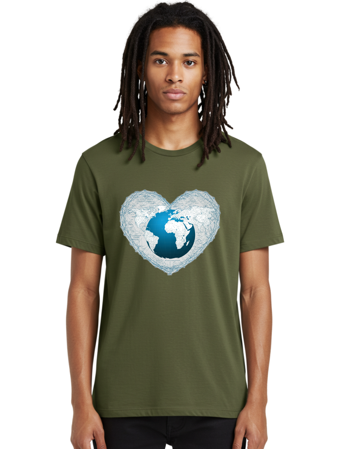 Globe-In-Heart-2 Men'S Graphic Tee, 100% Cotton, Comfortable Casual Summer Wear, Machine Washable, Globe In Heart Shape, World Map, Love For The Earth, Global Unity, Blue Gradient, Wireframe Design, Earth Illustration, Heart-Shaped Globe Baa753