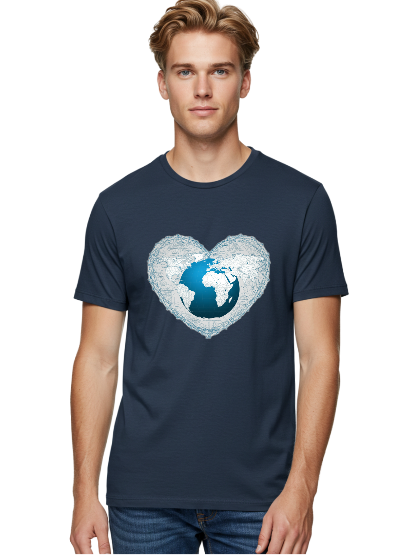 Globe-In-Heart-2 Men'S Graphic Tee, 100% Cotton, Comfortable Casual Summer Wear, Machine Washable, Globe In Heart Shape, World Map, Love For The Earth, Global Unity, Blue Gradient, Wireframe Design, Earth Illustration, Heart-Shaped Globe Baa753