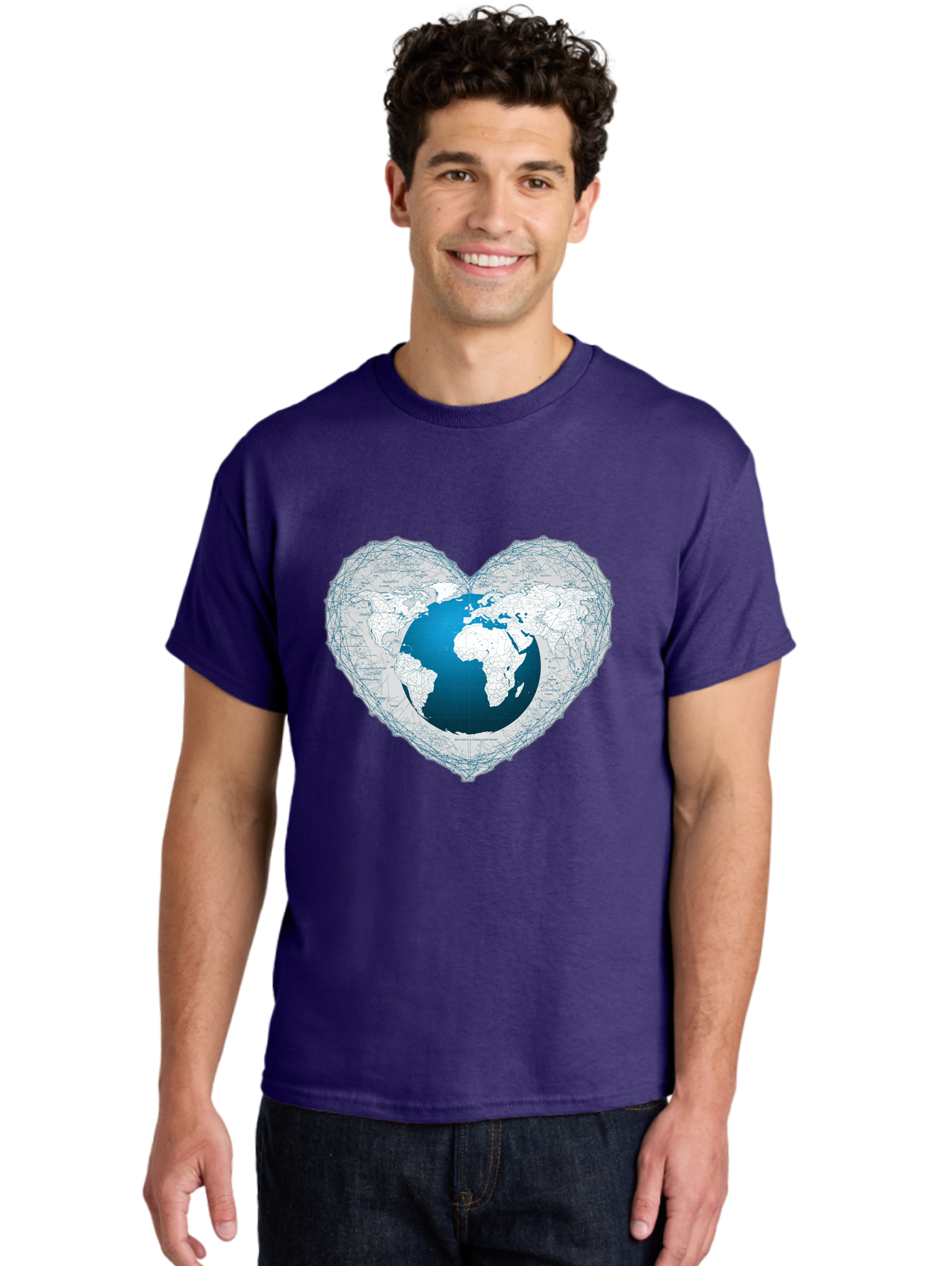 Globe-In-Heart-2 Men'S Graphic Tee, 100% Cotton, Comfortable Casual Summer Wear, Machine Washable, Globe In Heart Shape, World Map, Love For The Earth, Global Unity, Blue Gradient, Wireframe Design, Earth Illustration, Heart-Shaped Globe Baa753