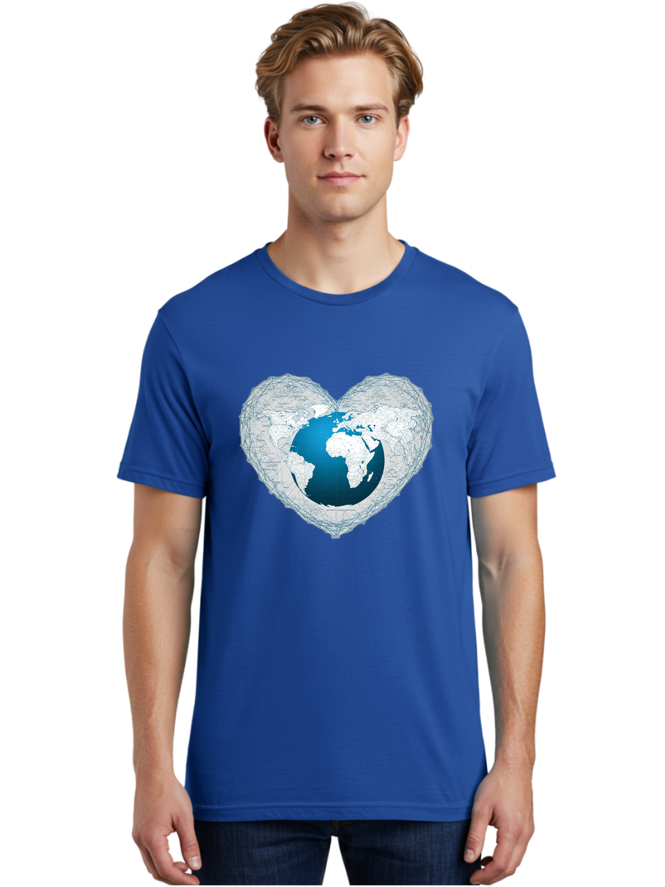 Globe-In-Heart-2 Men'S Graphic Tee, 100% Cotton, Comfortable Casual Summer Wear, Machine Washable, Globe In Heart Shape, World Map, Love For The Earth, Global Unity, Blue Gradient, Wireframe Design, Earth Illustration, Heart-Shaped Globe Baa753