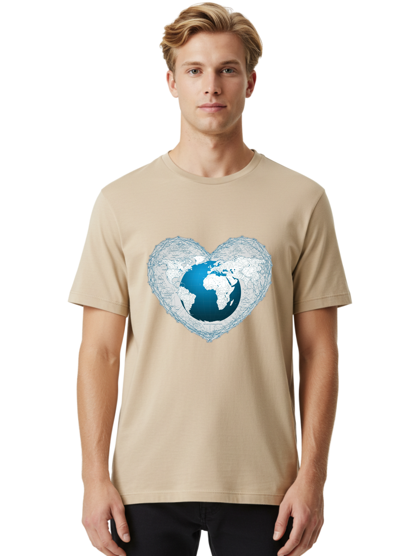 Globe-In-Heart-2 Men'S Graphic Tee, 100% Cotton, Comfortable Casual Summer Wear, Machine Washable, Globe In Heart Shape, World Map, Love For The Earth, Global Unity, Blue Gradient, Wireframe Design, Earth Illustration, Heart-Shaped Globe Baa753