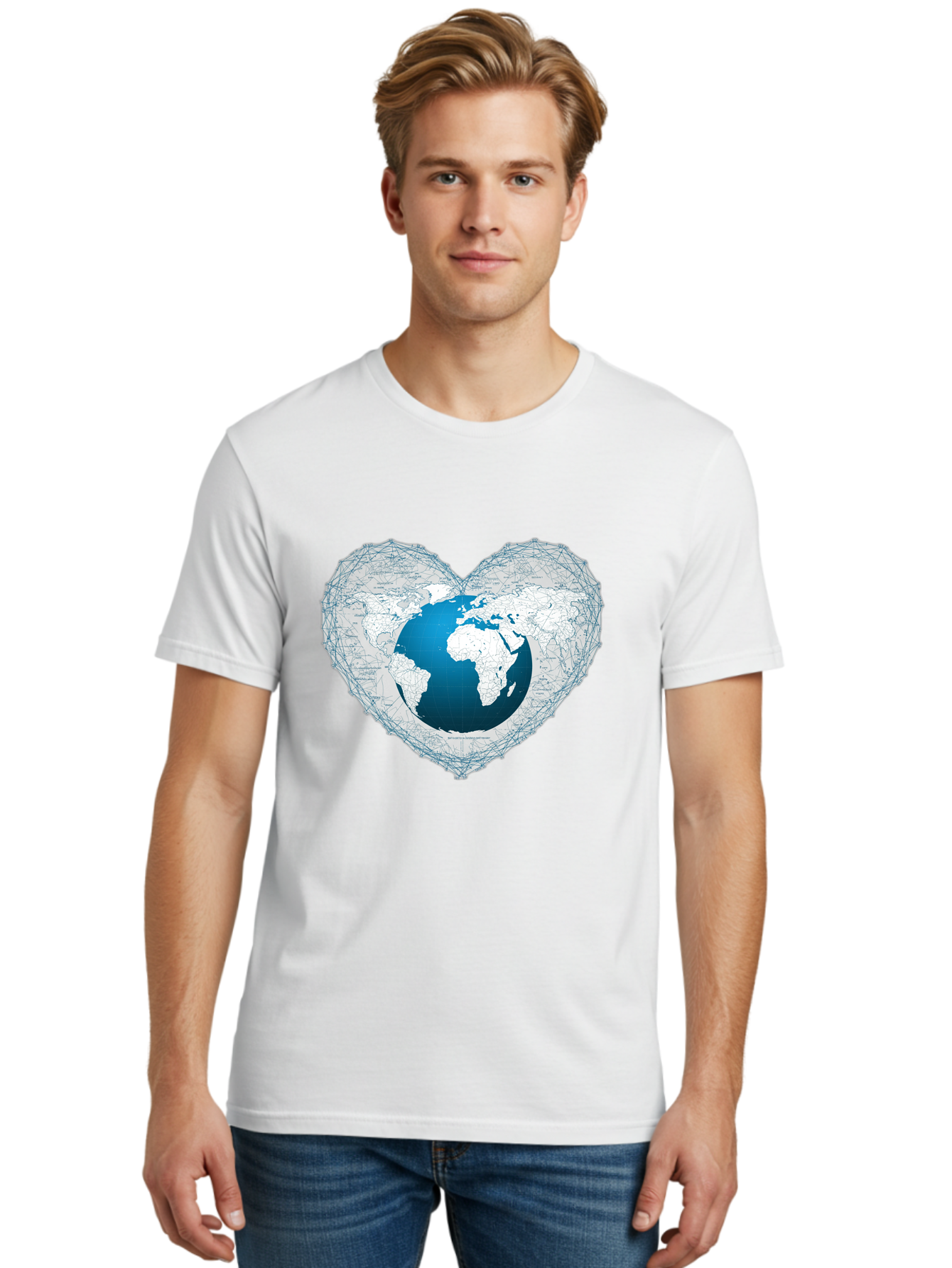 Globe-In-Heart-2 Men'S Graphic Tee, 100% Cotton, Comfortable Casual Summer Wear, Machine Washable, Globe In Heart Shape, World Map, Love For The Earth, Global Unity, Blue Gradient, Wireframe Design, Earth Illustration, Heart-Shaped Globe Baa753