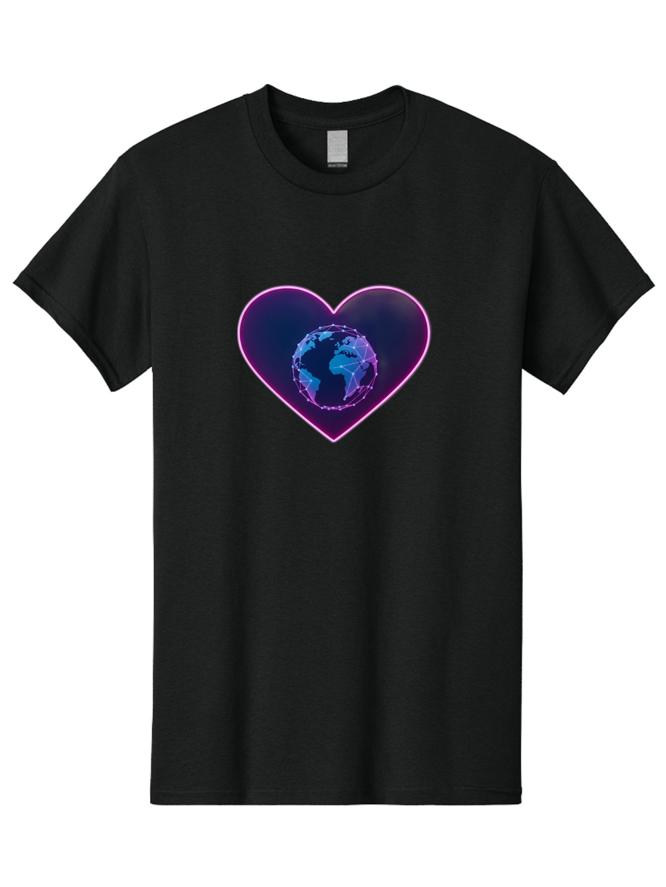 Globe-In-Heart Men'S Graphic Tee, 100% Cotton, Comfortable Casual Summer Wear, Machine Washable, Globe In The Heart, Global Unity, World Love, Interconnectedness, Network Effect, Futuristic Design, Digital Art, Earth Connection Baa754