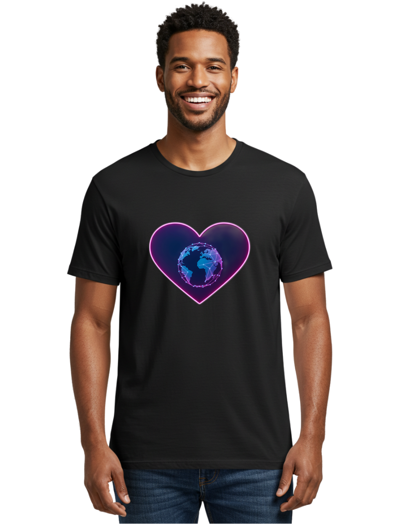 Globe-In-Heart Men'S Graphic Tee, 100% Cotton, Comfortable Casual Summer Wear, Machine Washable, Globe In The Heart, Global Unity, World Love, Interconnectedness, Network Effect, Futuristic Design, Digital Art, Earth Connection Baa754