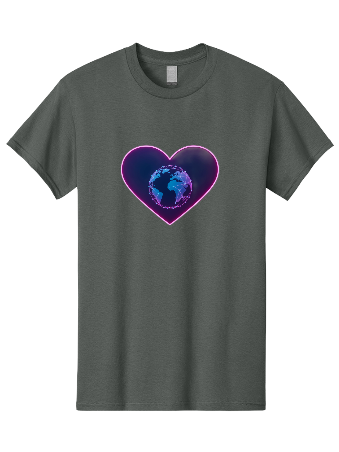 Globe-In-Heart Men'S Graphic Tee, 100% Cotton, Comfortable Casual Summer Wear, Machine Washable, Globe In The Heart, Global Unity, World Love, Interconnectedness, Network Effect, Futuristic Design, Digital Art, Earth Connection Baa754