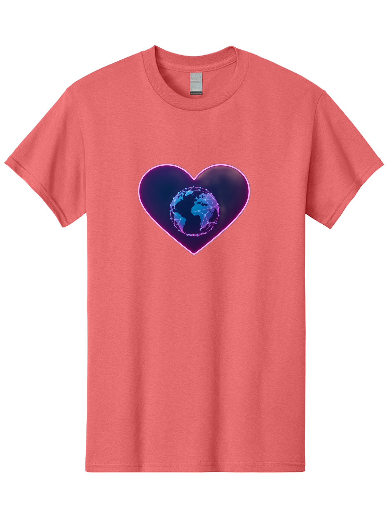 Globe-In-Heart Men'S Graphic Tee, 100% Cotton, Comfortable Casual Summer Wear, Machine Washable, Globe In The Heart, Global Unity, World Love, Interconnectedness, Network Effect, Futuristic Design, Digital Art, Earth Connection Baa754