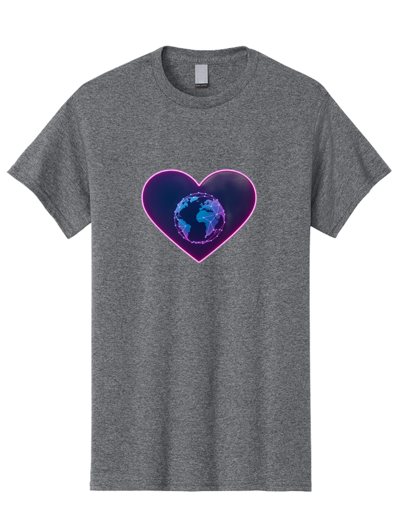 Globe-In-Heart Men'S Graphic Tee, 100% Cotton, Comfortable Casual Summer Wear, Machine Washable, Globe In The Heart, Global Unity, World Love, Interconnectedness, Network Effect, Futuristic Design, Digital Art, Earth Connection Baa754