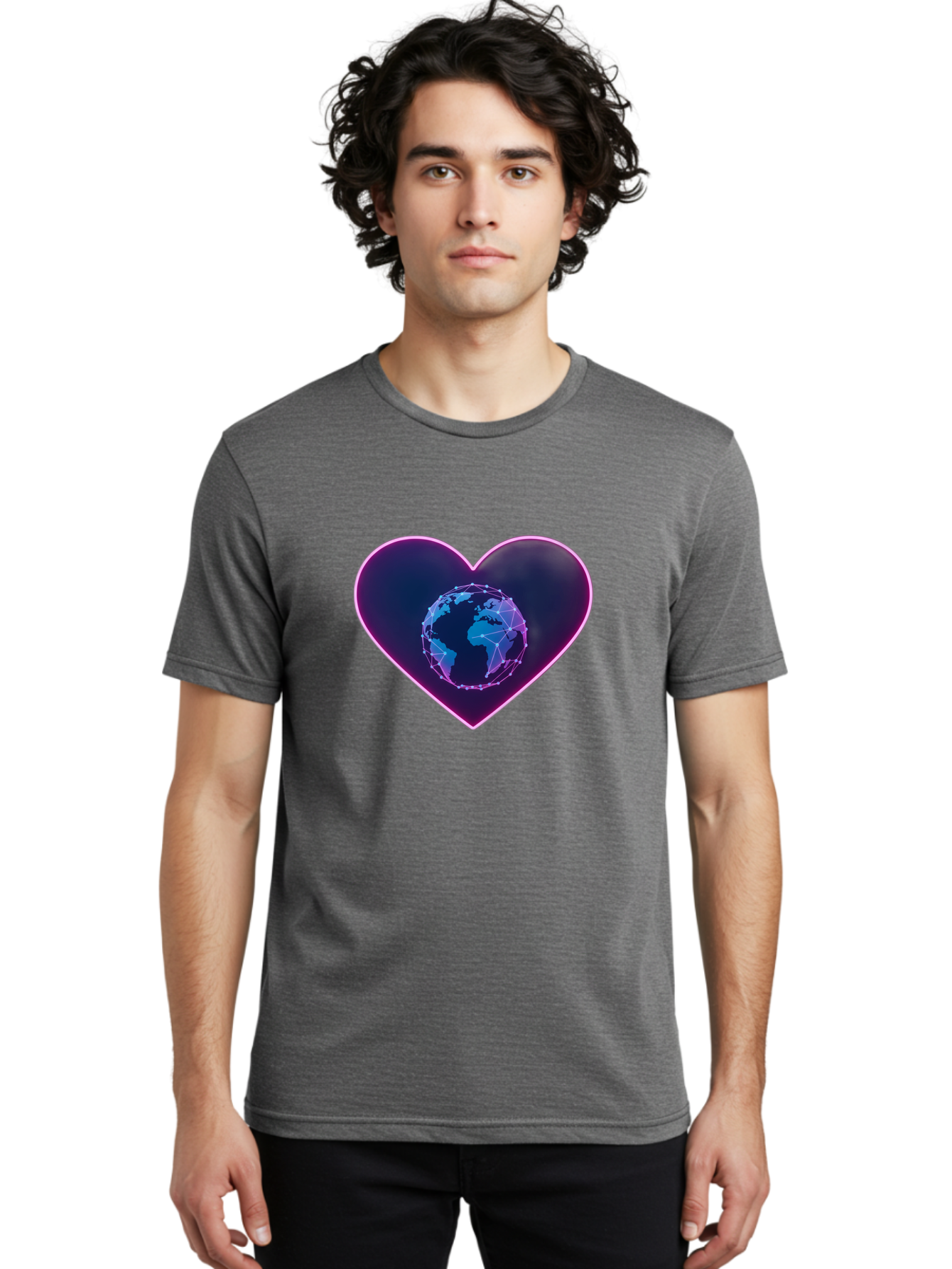 Globe-In-Heart Men'S Graphic Tee, 100% Cotton, Comfortable Casual Summer Wear, Machine Washable, Globe In The Heart, Global Unity, World Love, Interconnectedness, Network Effect, Futuristic Design, Digital Art, Earth Connection Baa754