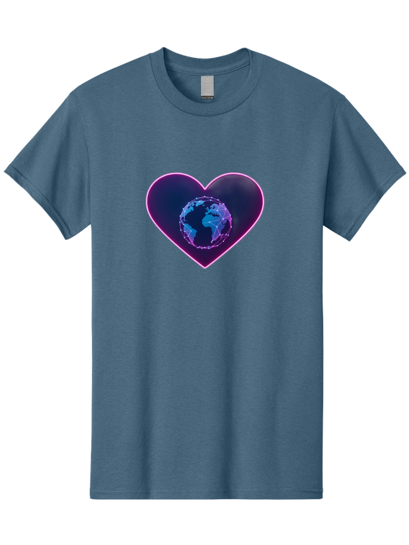 Globe-In-Heart Men'S Graphic Tee, 100% Cotton, Comfortable Casual Summer Wear, Machine Washable, Globe In The Heart, Global Unity, World Love, Interconnectedness, Network Effect, Futuristic Design, Digital Art, Earth Connection Baa754