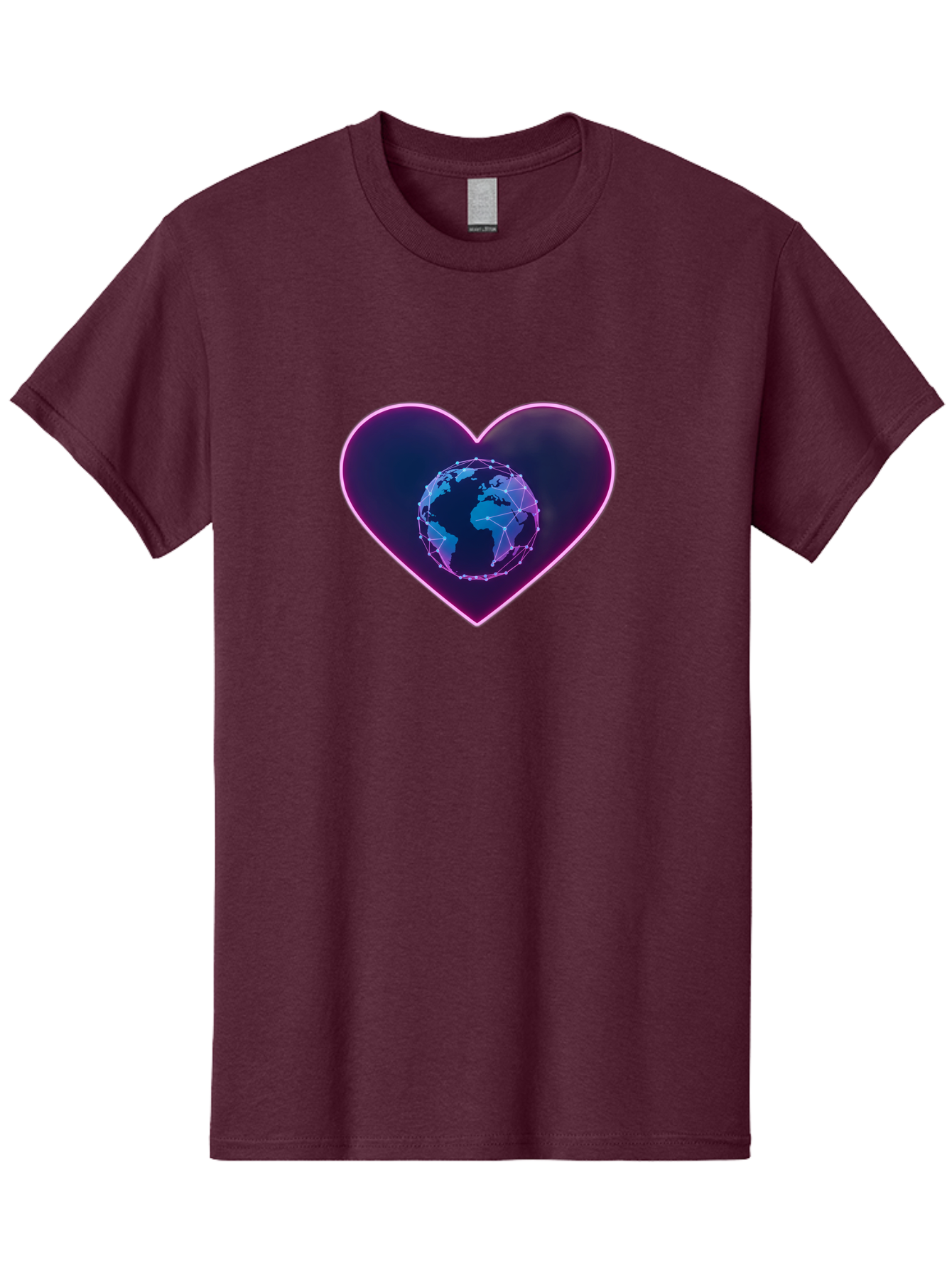 Globe-In-Heart Men'S Graphic Tee, 100% Cotton, Comfortable Casual Summer Wear, Machine Washable, Globe In The Heart, Global Unity, World Love, Interconnectedness, Network Effect, Futuristic Design, Digital Art, Earth Connection Baa754