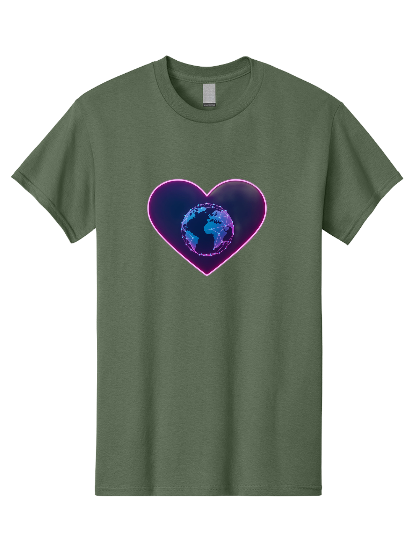 Globe-In-Heart Men'S Graphic Tee, 100% Cotton, Comfortable Casual Summer Wear, Machine Washable, Globe In The Heart, Global Unity, World Love, Interconnectedness, Network Effect, Futuristic Design, Digital Art, Earth Connection Baa754