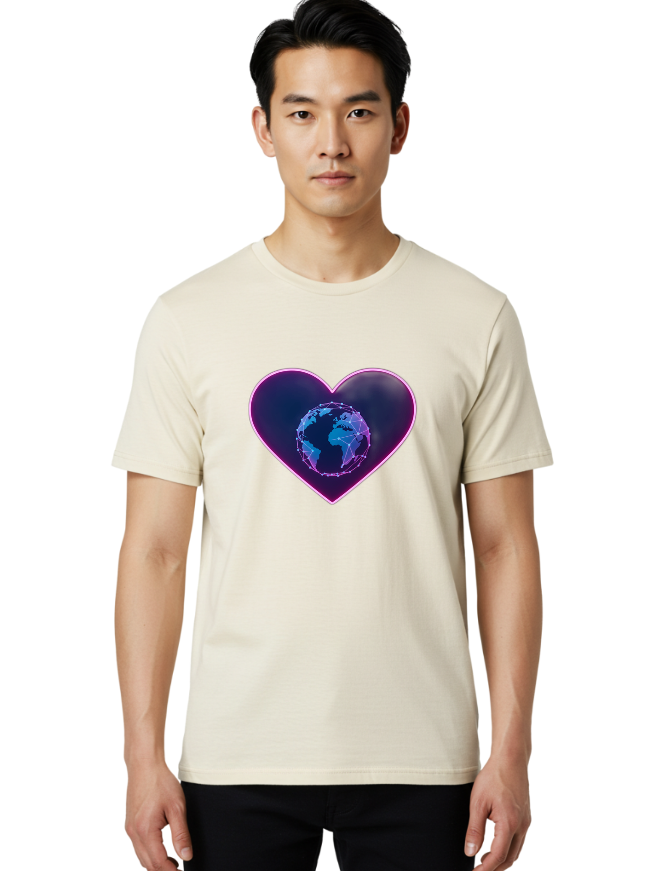 Globe-In-Heart Men'S Graphic Tee, 100% Cotton, Comfortable Casual Summer Wear, Machine Washable, Globe In The Heart, Global Unity, World Love, Interconnectedness, Network Effect, Futuristic Design, Digital Art, Earth Connection Baa754