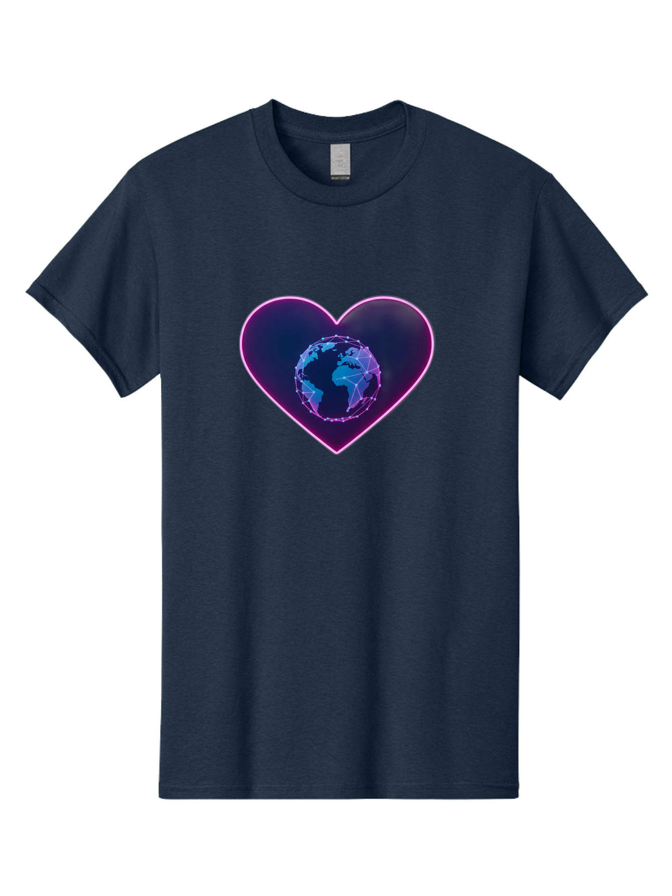 Globe-In-Heart Men'S Graphic Tee, 100% Cotton, Comfortable Casual Summer Wear, Machine Washable, Globe In The Heart, Global Unity, World Love, Interconnectedness, Network Effect, Futuristic Design, Digital Art, Earth Connection Baa754
