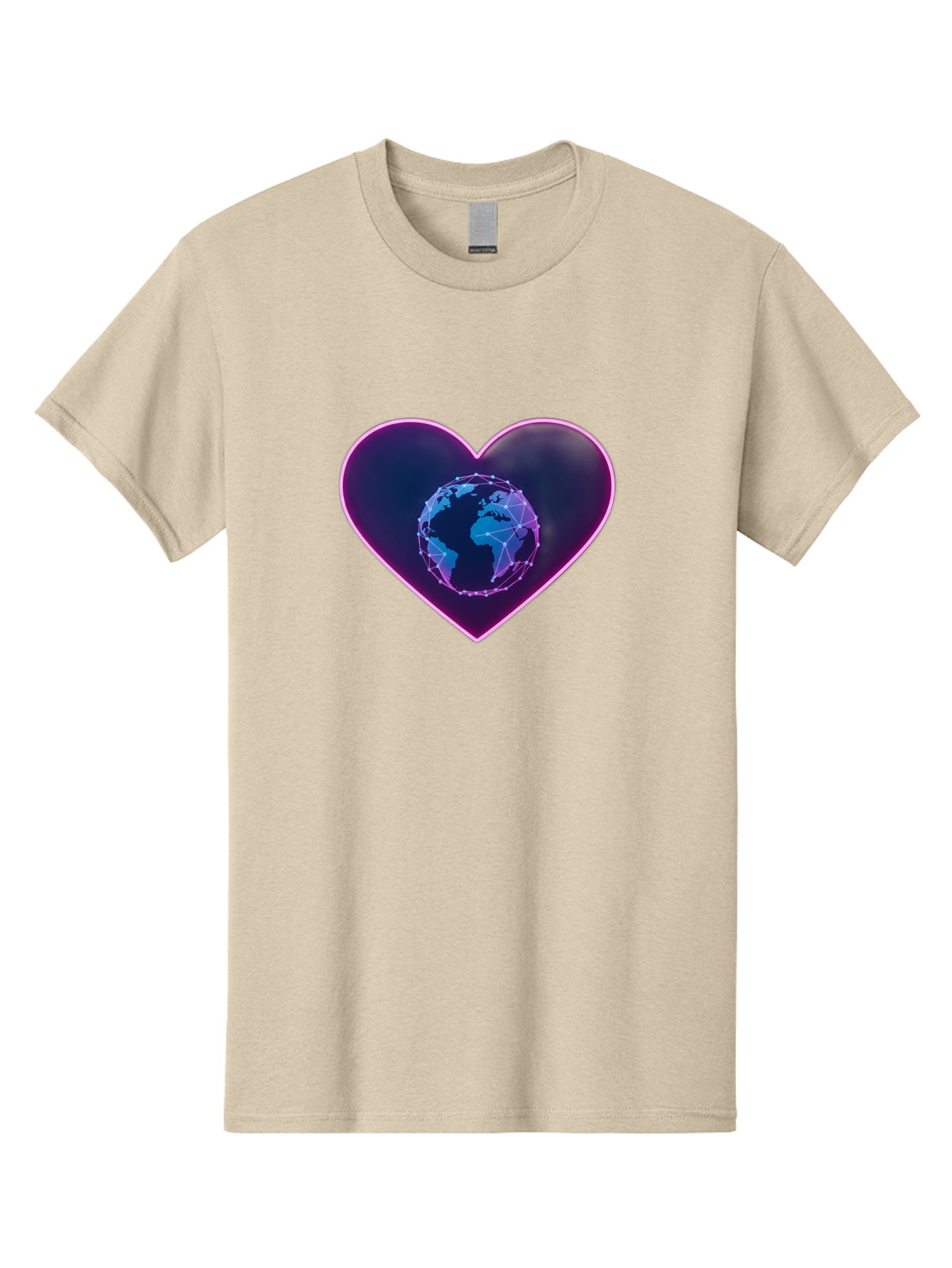 Globe-In-Heart Men'S Graphic Tee, 100% Cotton, Comfortable Casual Summer Wear, Machine Washable, Globe In The Heart, Global Unity, World Love, Interconnectedness, Network Effect, Futuristic Design, Digital Art, Earth Connection Baa754