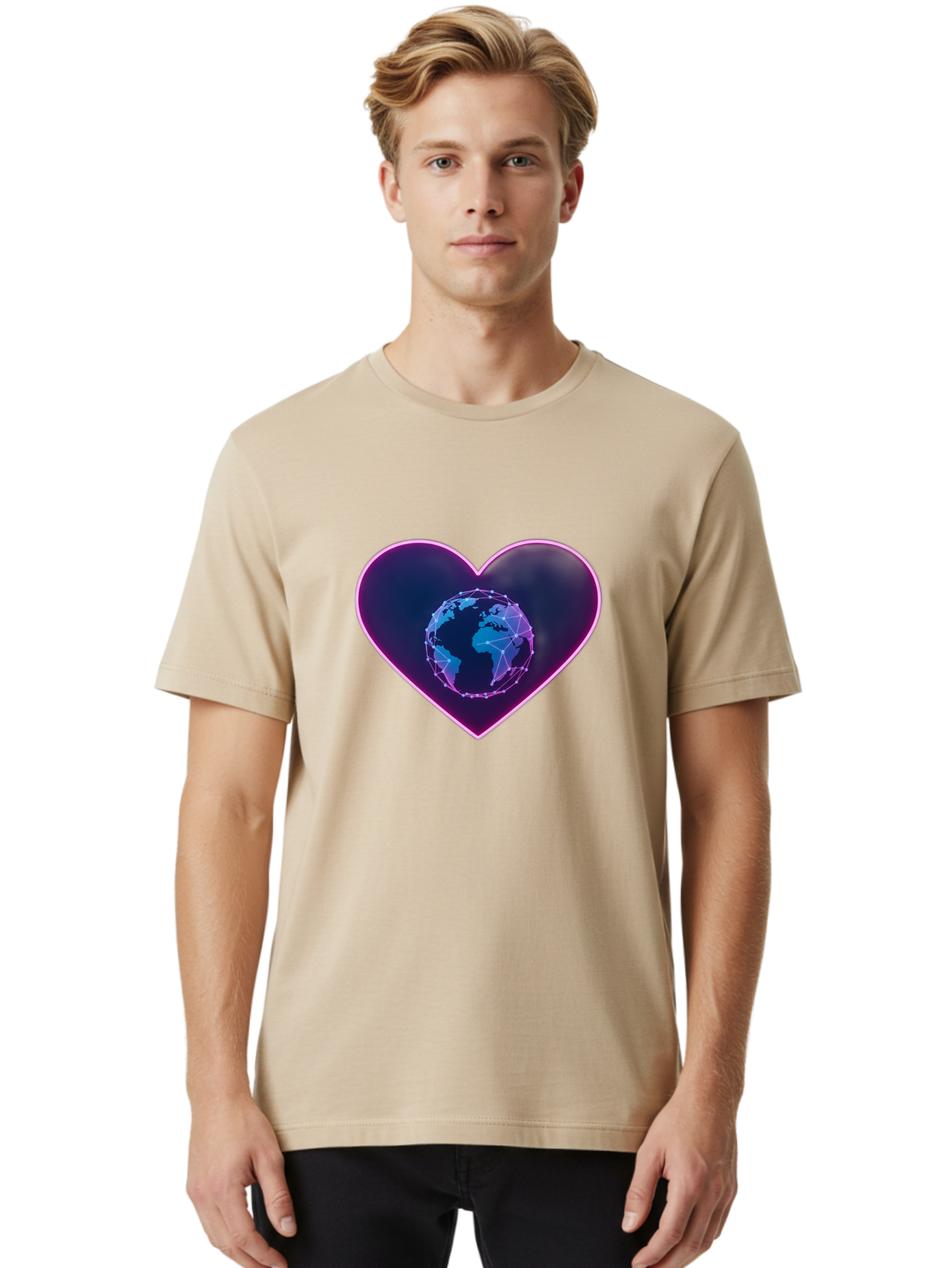 Globe-In-Heart Men'S Graphic Tee, 100% Cotton, Comfortable Casual Summer Wear, Machine Washable, Globe In The Heart, Global Unity, World Love, Interconnectedness, Network Effect, Futuristic Design, Digital Art, Earth Connection Baa754