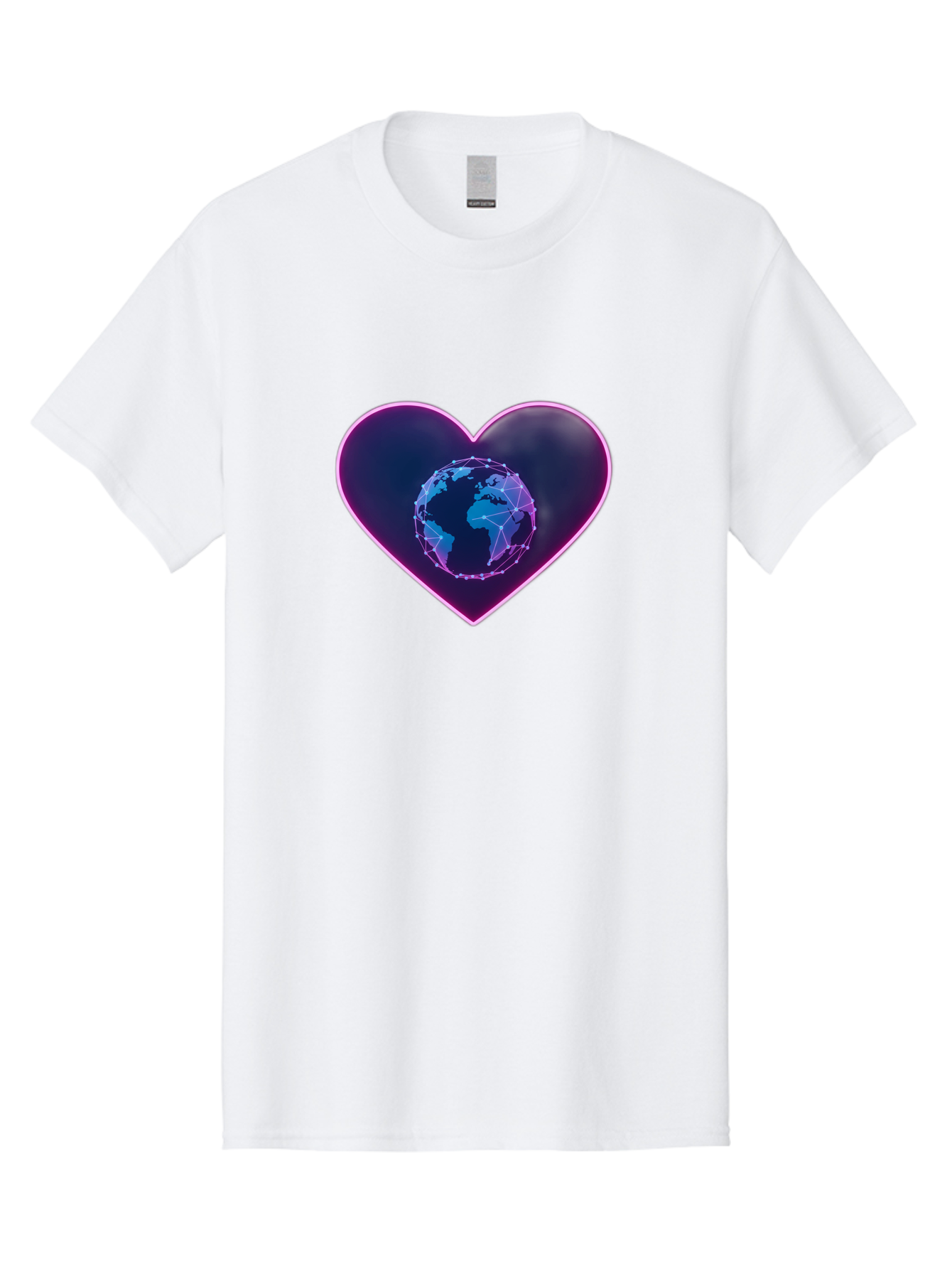Globe-In-Heart Men'S Graphic Tee, 100% Cotton, Comfortable Casual Summer Wear, Machine Washable, Globe In The Heart, Global Unity, World Love, Interconnectedness, Network Effect, Futuristic Design, Digital Art, Earth Connection Baa754