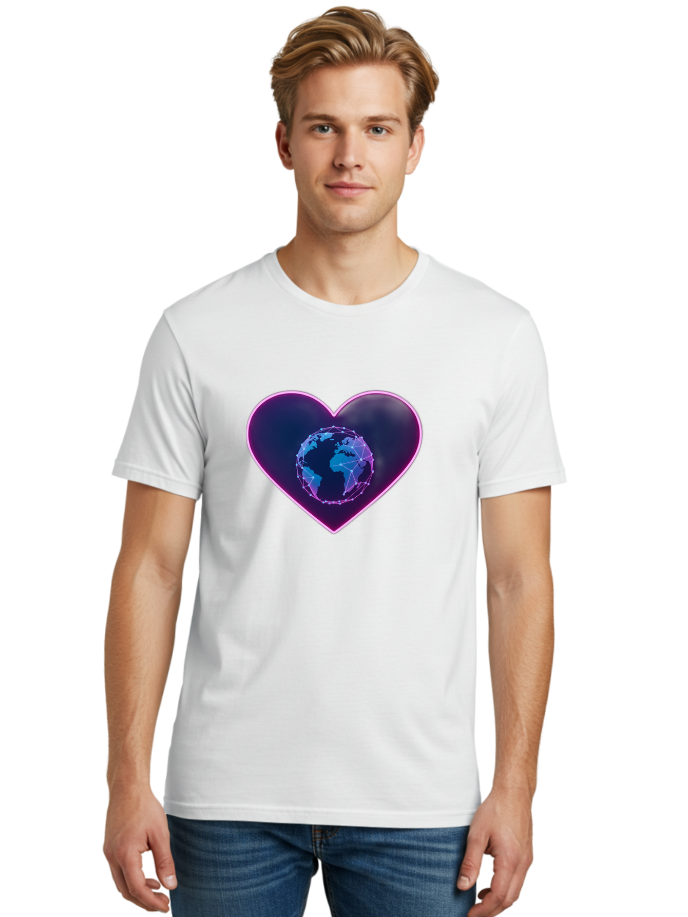 Globe-In-Heart Men'S Graphic Tee, 100% Cotton, Comfortable Casual Summer Wear, Machine Washable, Globe In The Heart, Global Unity, World Love, Interconnectedness, Network Effect, Futuristic Design, Digital Art, Earth Connection Baa754