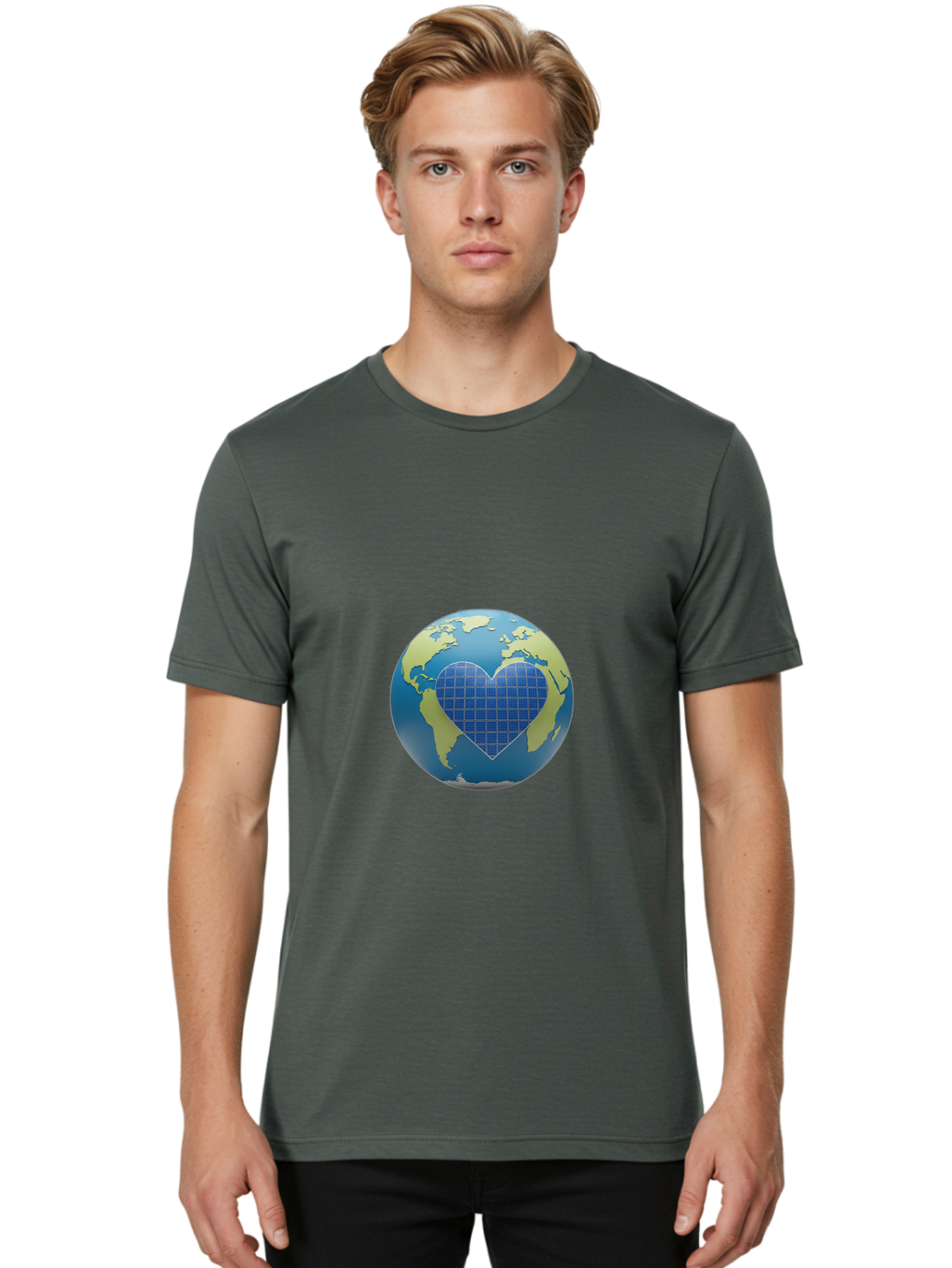 Globe-With-Heart Men'S Graphic Tee, 100% Cotton, Comfortable Casual Summer Wear, Machine Washable, Globe With Heart Shape, World Map, Love For The Planet, Eco-Friendly, Sustainable Living, Global Unity, Heart-Shaped Grid, Baa755