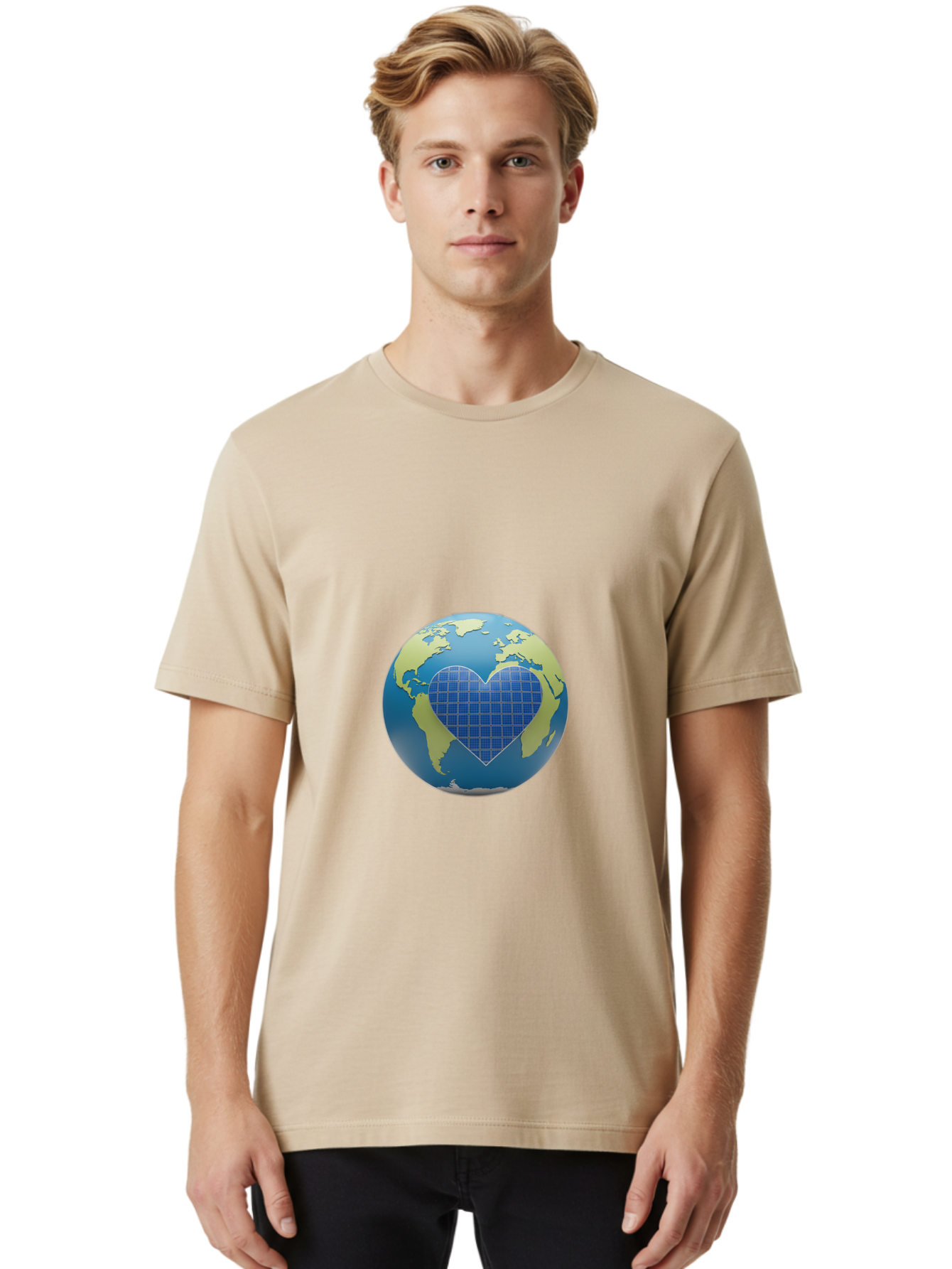 Globe-With-Heart Men'S Graphic Tee, 100% Cotton, Comfortable Casual Summer Wear, Machine Washable, Globe With Heart Shape, World Map, Love For The Planet, Eco-Friendly, Sustainable Living, Global Unity, Heart-Shaped Grid, Baa755
