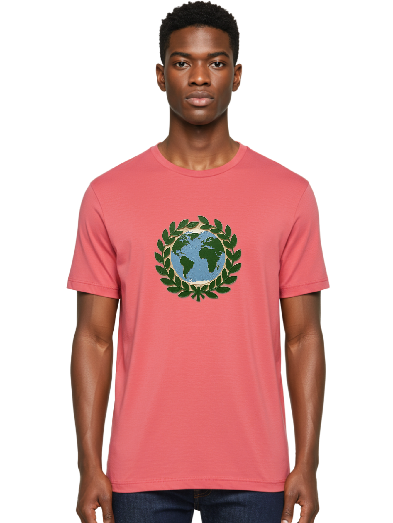 Globe-With-Laurel-Wreath Men'S Graphic Tee, 100% Cotton, Comfortable Casual Summer Wear, Machine Washable, Globe Surrounded By Leaves, Environmental Protection, Eco-Friendly, Conservation, Green Initiatives, Sustainable Living, Earth Day, Baa756