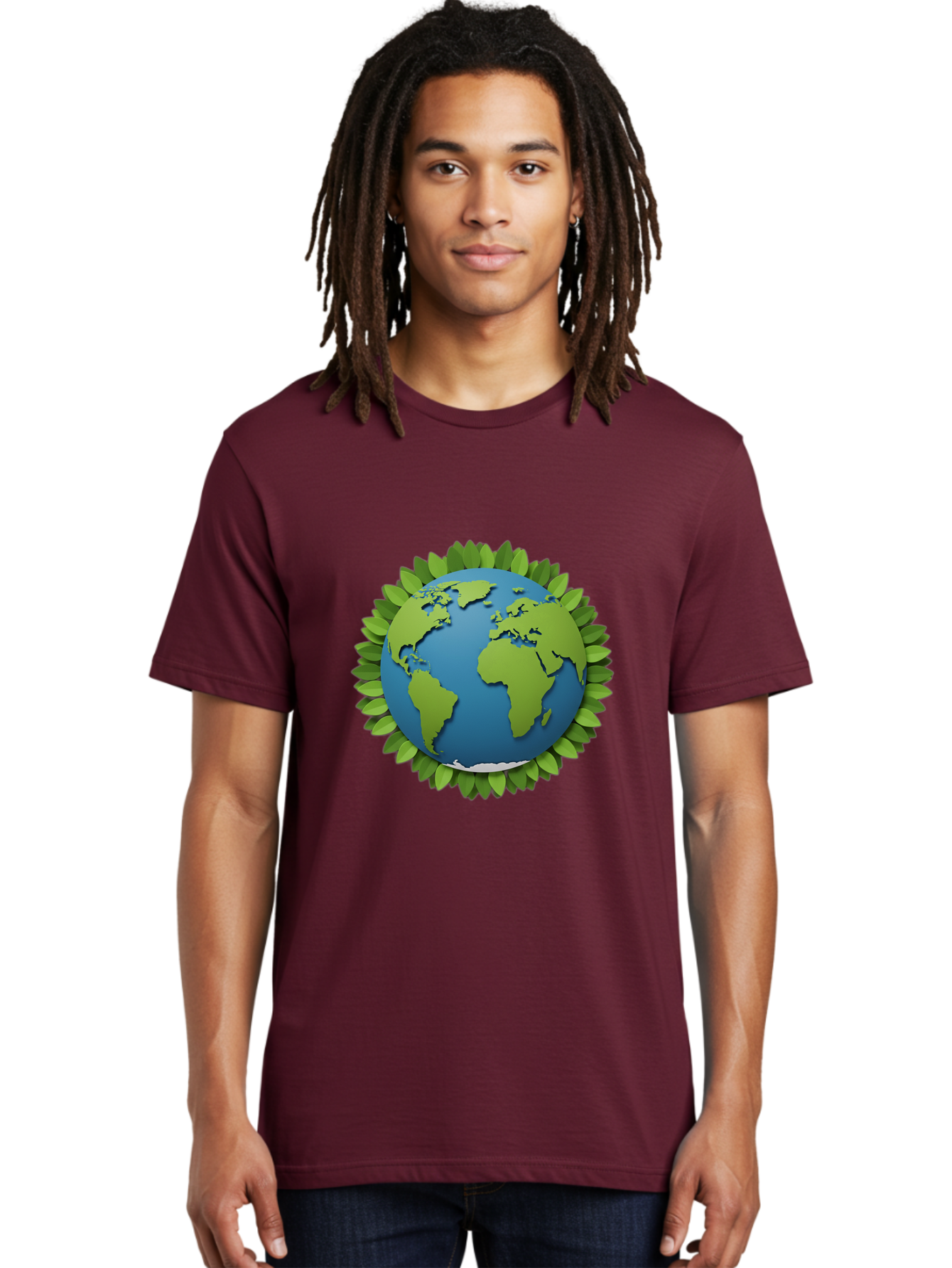 Globe-With-Leaves-1 Men'S Graphic Tee, 100% Cotton, Comfortable Casual Summer Wear, Machine Washable, Globe Surrounded By Leaves, Eco-Friendly, Sustainable Living, Environmental Conservation, Green Earth, World Unity, Going Green, Earth Day Baa757