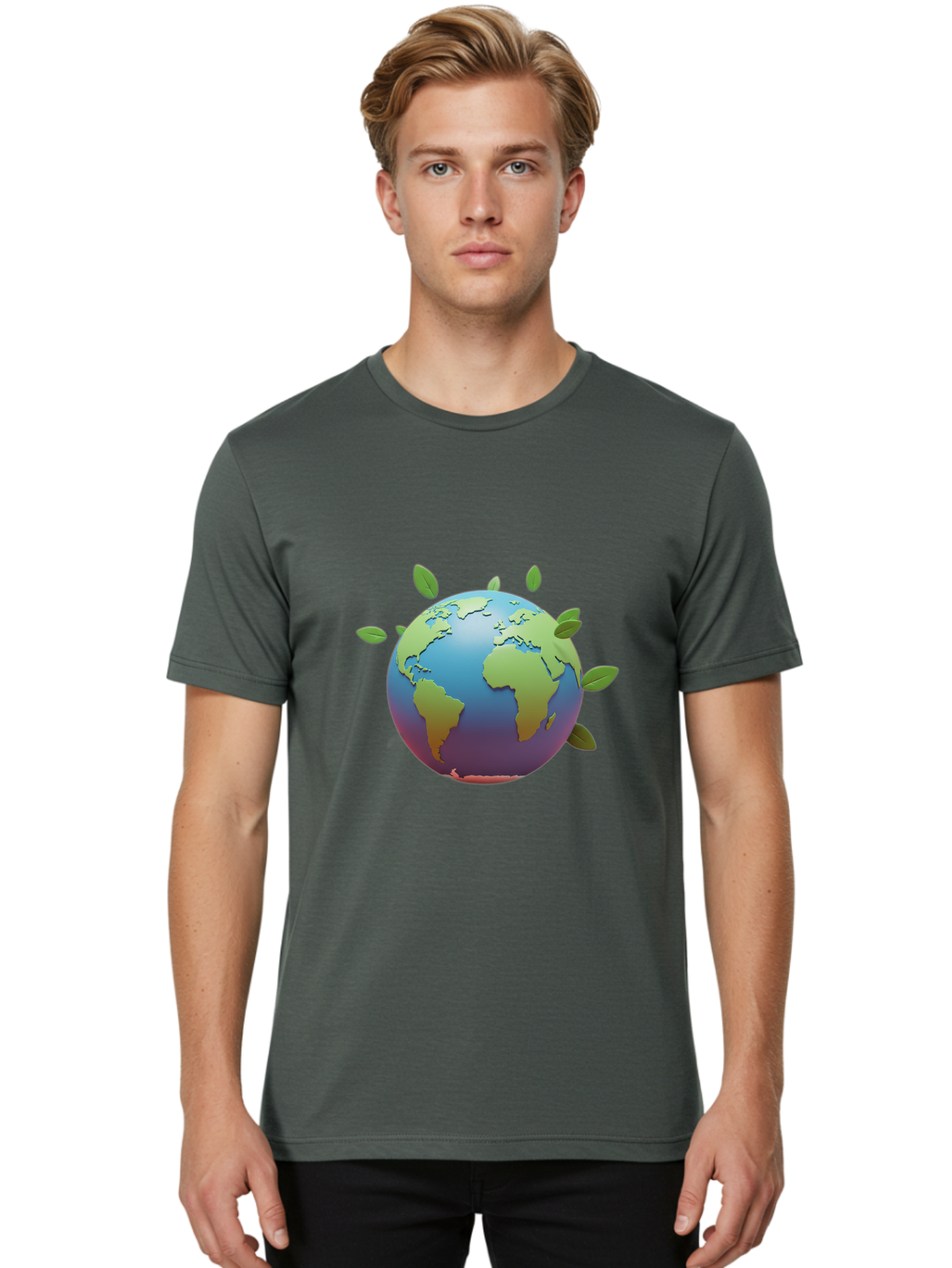 Globe-With-Leaves Men'S Graphic Tee, 100% Cotton, Comfortable Casual Summer Wear, Machine Washable, Globe With Leaves, Eco Friendly, Environmental Awareness, Green Earth, Sustainable Living, Eco Consciousness, World Unity Baa759