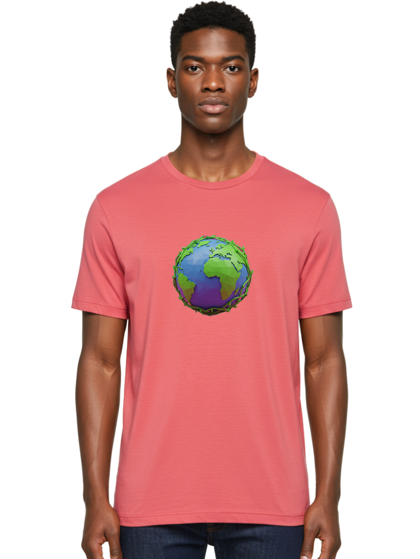 Globe-Wrapped-In-Chains Men'S Graphic Tee, 100% Cotton, Comfortable Casual Summer Wear, Machine Washable, 3D Globe, Chain-Like Vines Wrapping, Global Unity, Earthy Tones, Eco-Friendly Theme, Environmental Awareness, Natural Elements Baa763