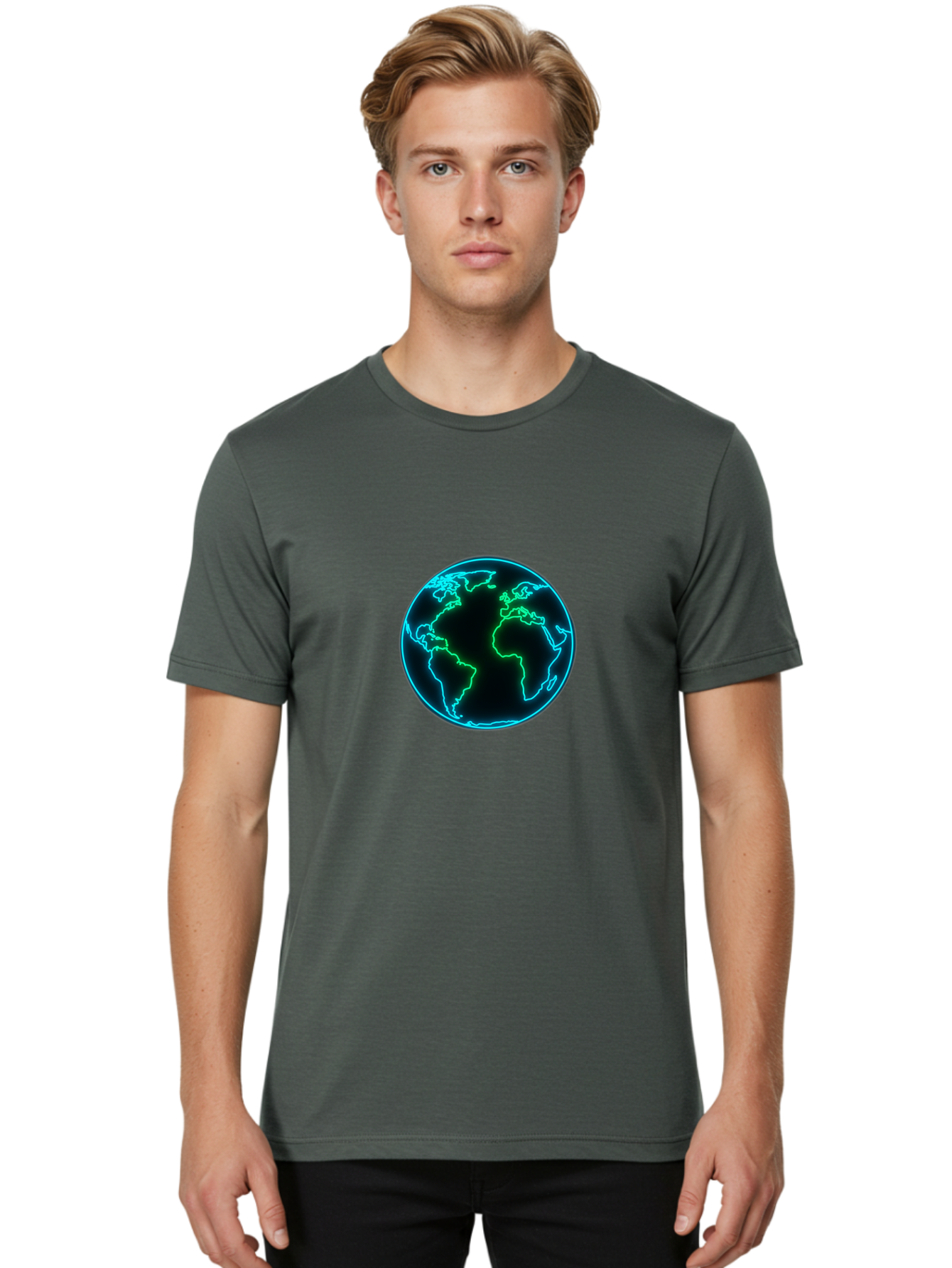 Glowing-Earth Men'S Graphic Tee, 100% Cotton, Comfortable Casual Summer Wear, Machine Washable, Glowing Earth, Neon Map, Global Technology, Digital Planet, Africa And South America Centered, Futuristic Design, Blue And Green Glow Baa765