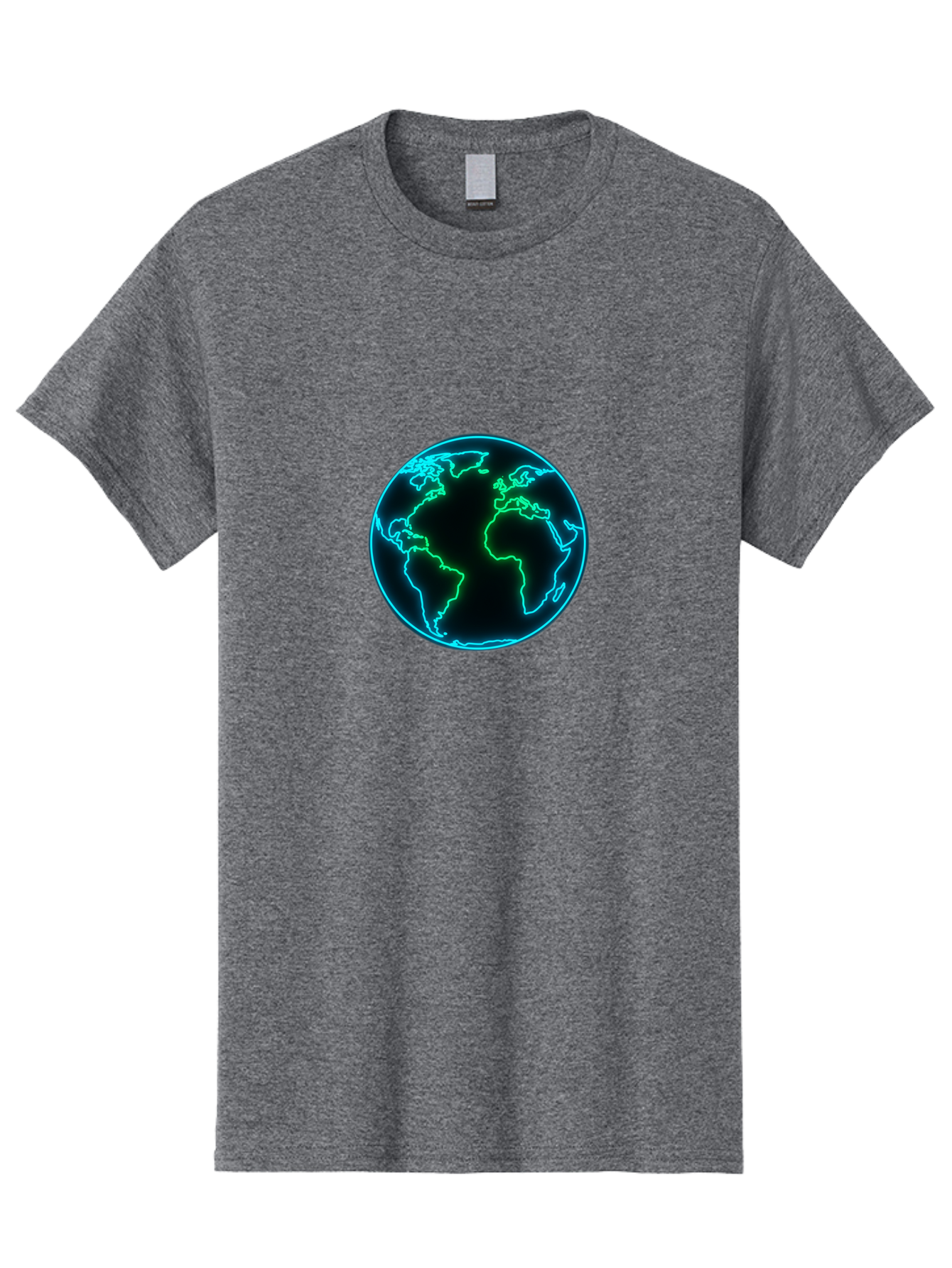Glowing-Earth Men'S Graphic Tee, 100% Cotton, Comfortable Casual Summer Wear, Machine Washable, Glowing Earth, Neon Map, Global Technology, Digital Planet, Africa And South America Centered, Futuristic Design, Blue And Green Glow Baa765