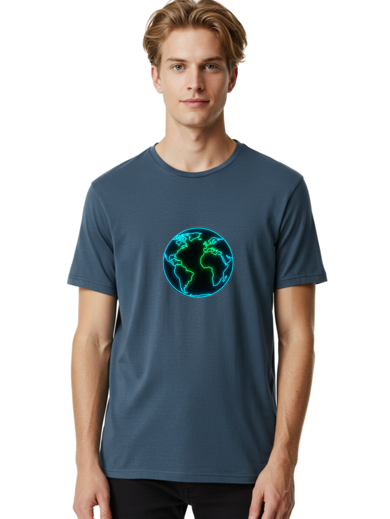 Glowing-Earth Men'S Graphic Tee, 100% Cotton, Comfortable Casual Summer Wear, Machine Washable, Glowing Earth, Neon Map, Global Technology, Digital Planet, Africa And South America Centered, Futuristic Design, Blue And Green Glow Baa765