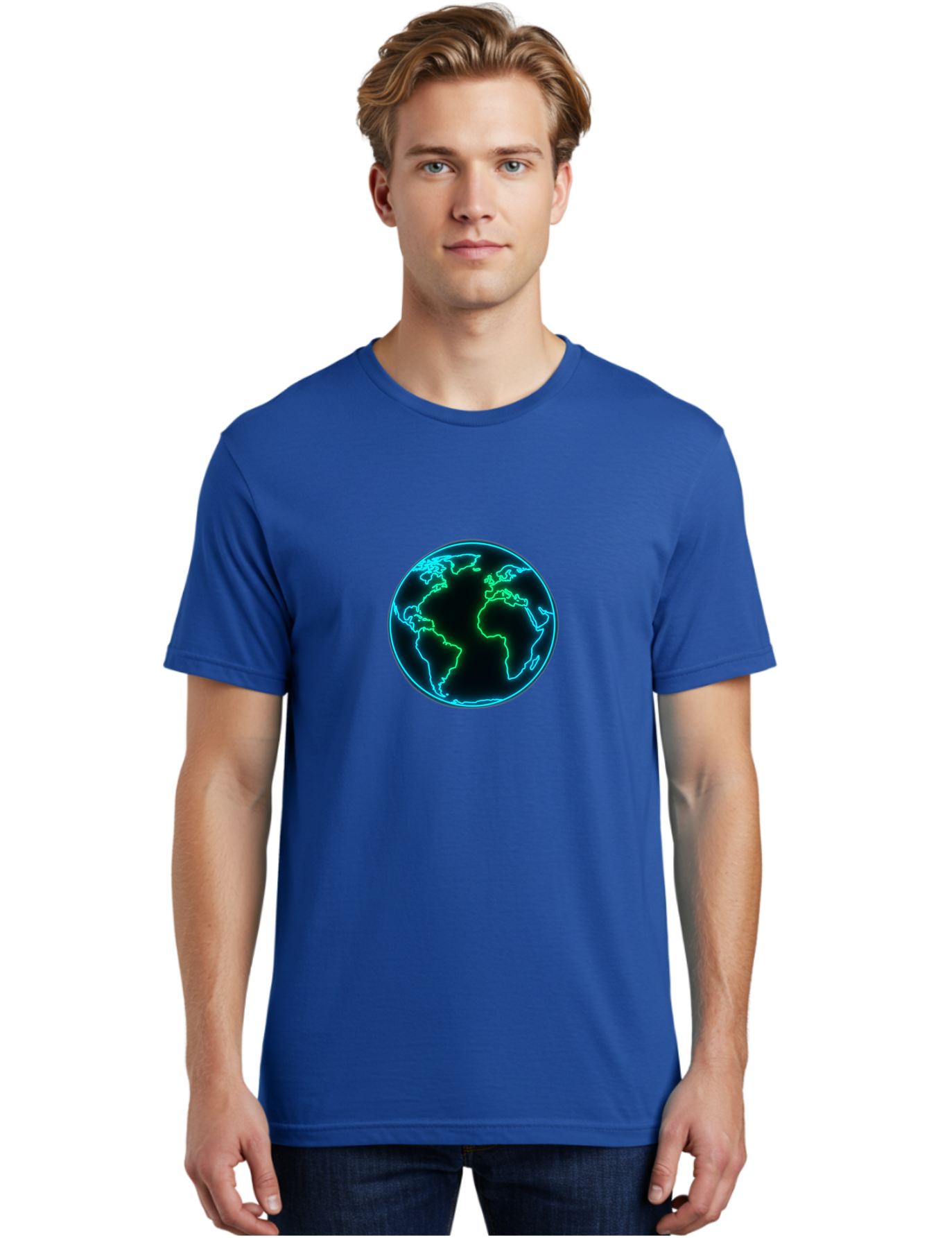Glowing-Earth Men'S Graphic Tee, 100% Cotton, Comfortable Casual Summer Wear, Machine Washable, Glowing Earth, Neon Map, Global Technology, Digital Planet, Africa And South America Centered, Futuristic Design, Blue And Green Glow Baa765